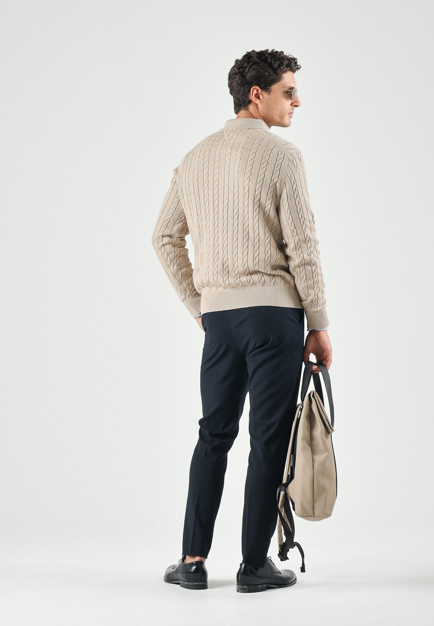 TOMMY HILFIGER Polo CABLE in maglia batique beige da uomo con lavorazione a trecce <BR/> MW0MW41955 AEG TOMMY HILFIGER