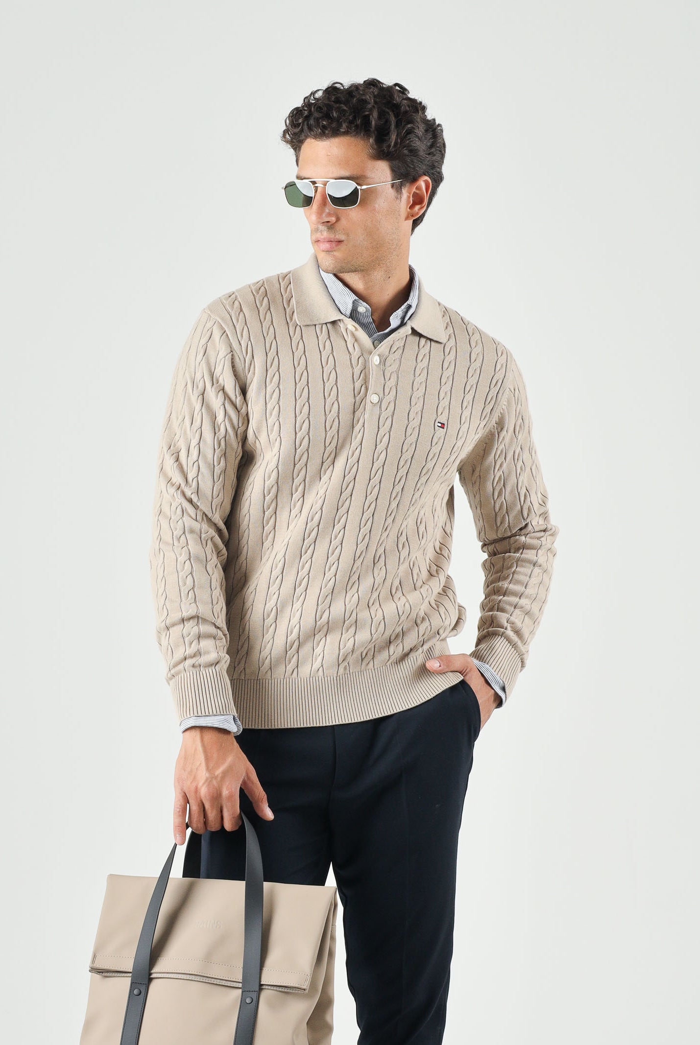 TOMMY HILFIGER Polo CABLE in maglia batique beige da uomo con lavorazione a trecce <BR/> MW0MW41955 AEG TOMMY HILFIGER