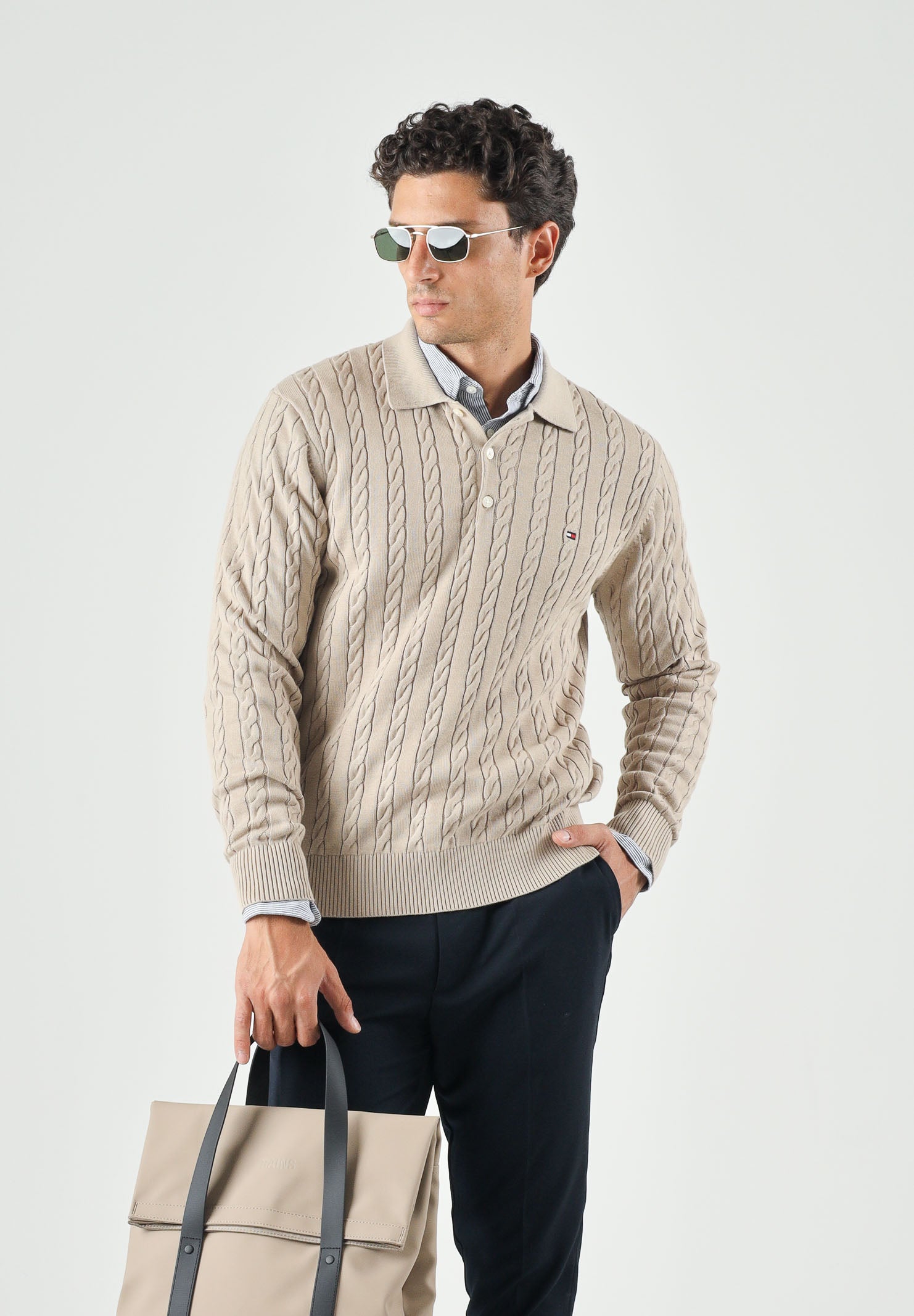 TOMMY HILFIGER Polo CABLE in maglia batique beige da uomo con lavorazione a trecce <BR/> MW0MW41955 AEG TOMMY HILFIGER