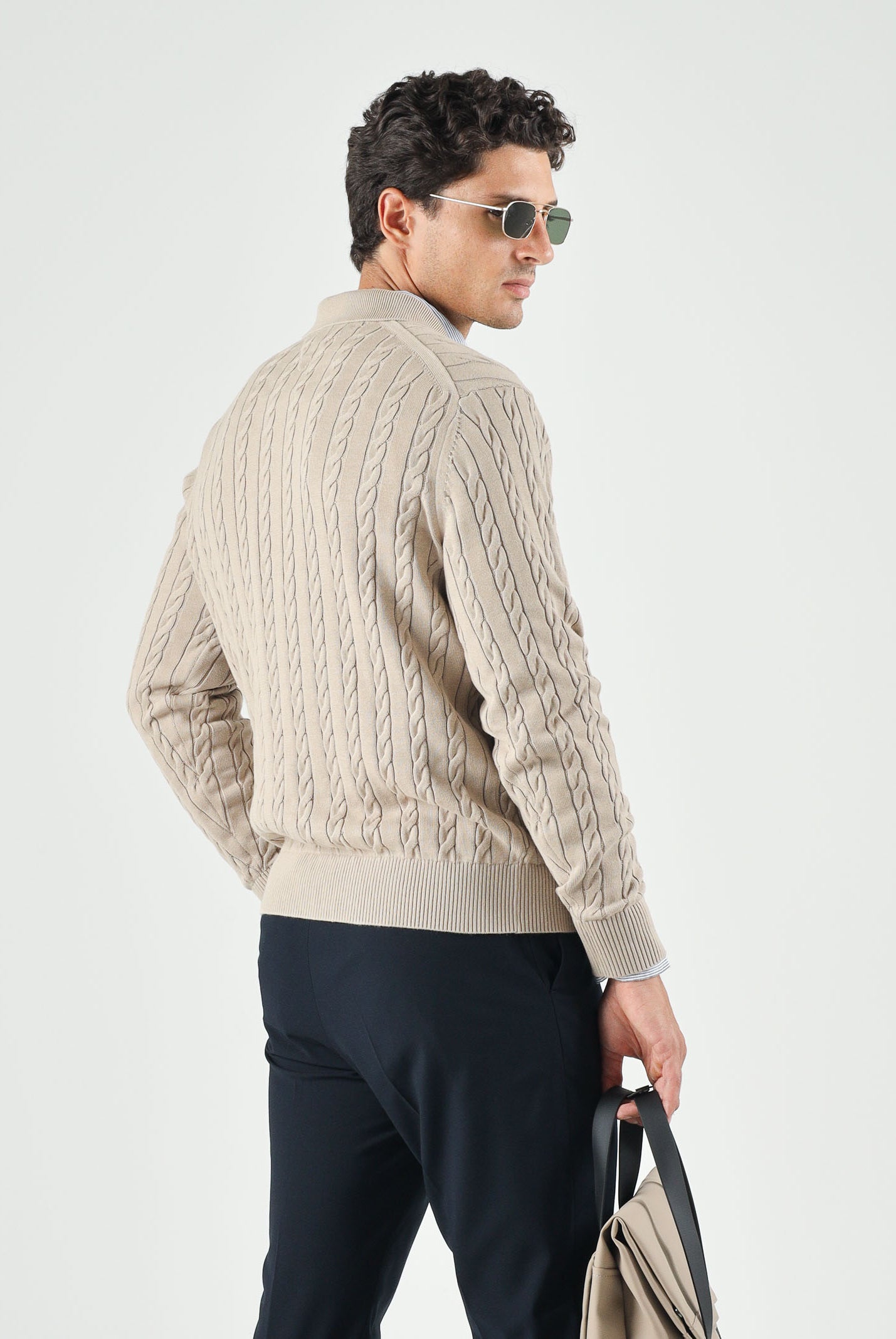 TOMMY HILFIGER Polo CABLE in maglia batique beige da uomo con lavorazione a trecce <BR/> MW0MW41955 AEG TOMMY HILFIGER