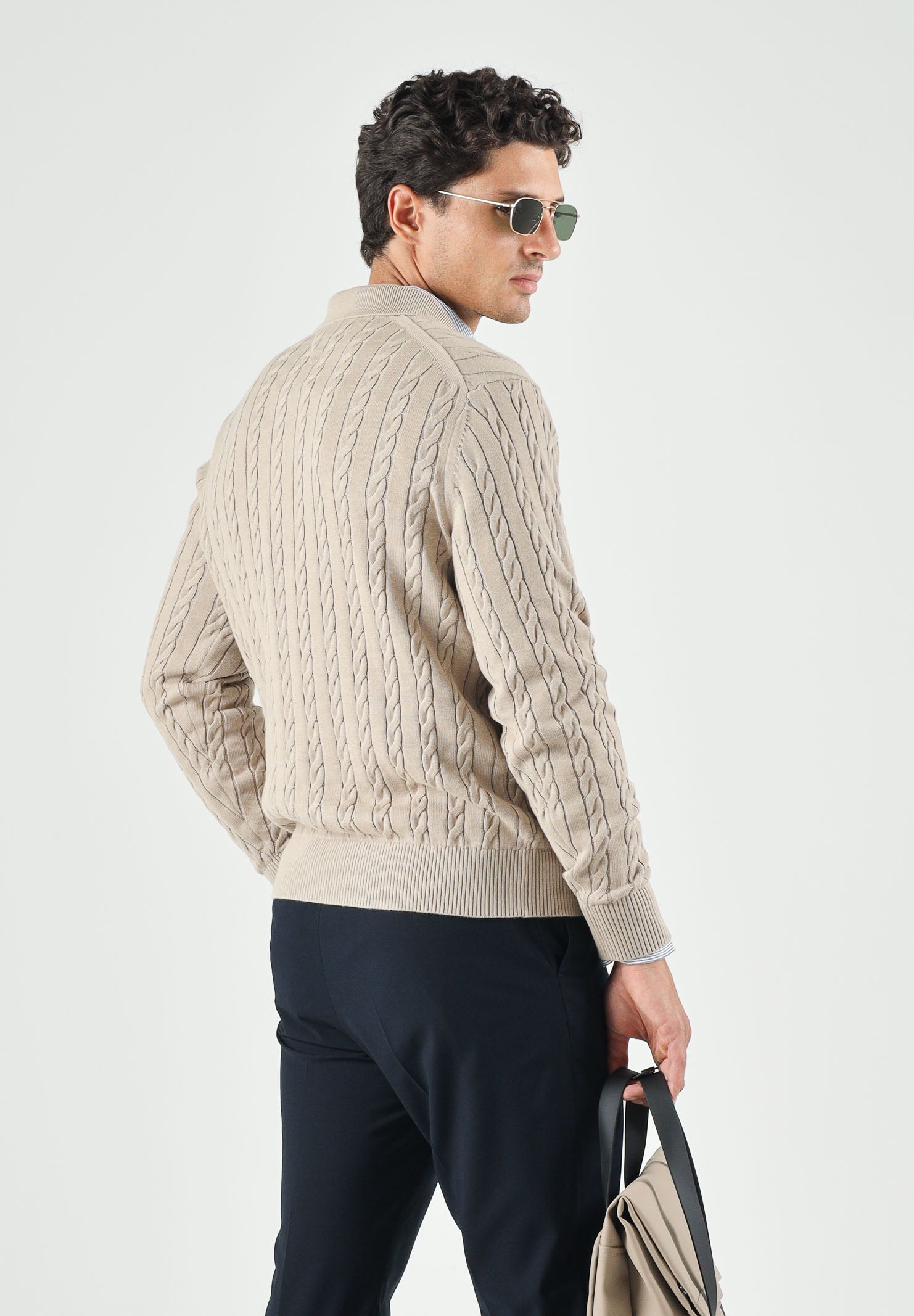 TOMMY HILFIGER Polo CABLE in maglia batique beige da uomo con lavorazione a trecce <BR/> MW0MW41955 AEG TOMMY HILFIGER