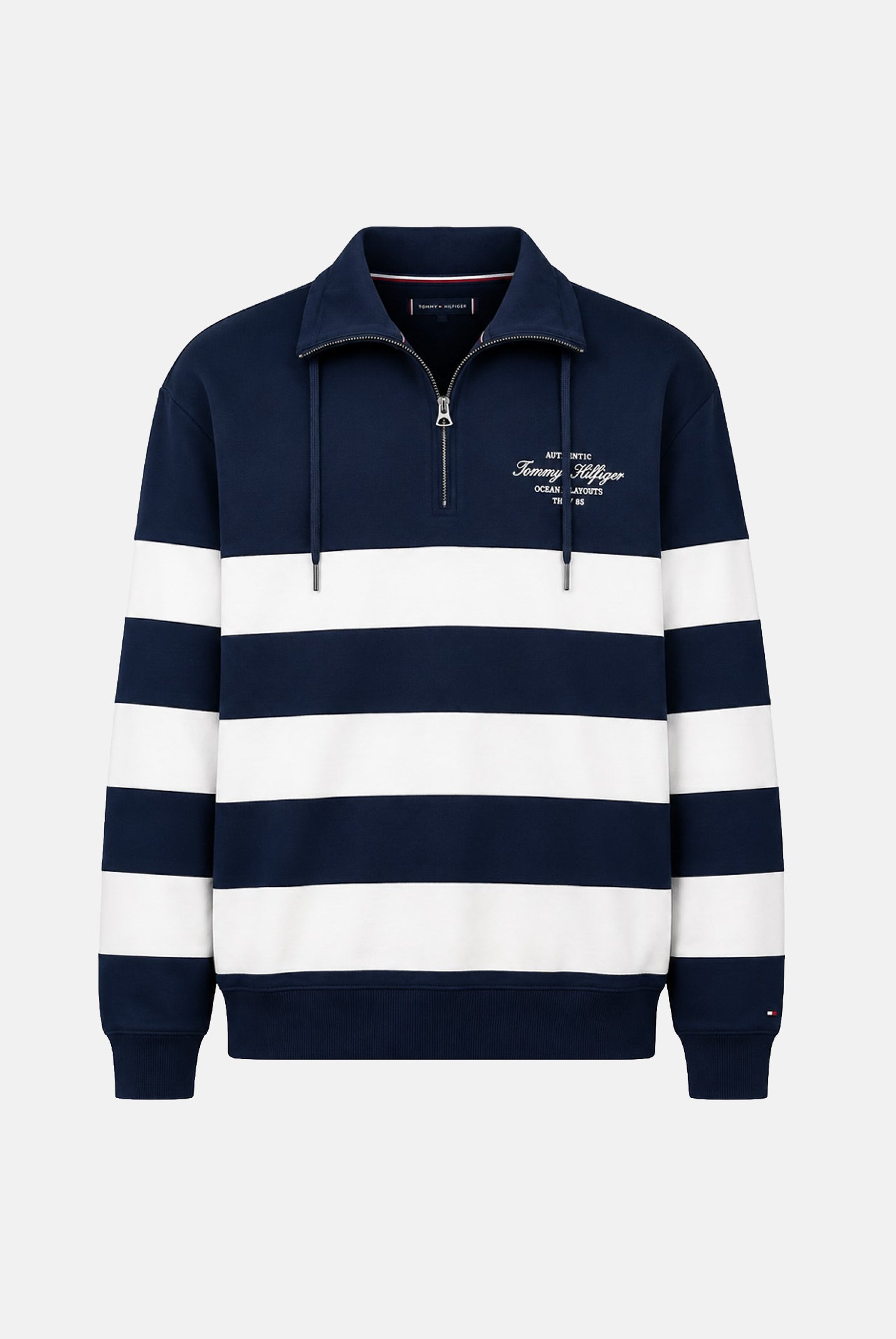TOMMY HILFIGER Felpa NAUTICAL BLOCK mezza zip, carbon blu da uomo con motivo a righe orizzontali <BR/> MW0MW43190 DCC TOMMY HILFIGER