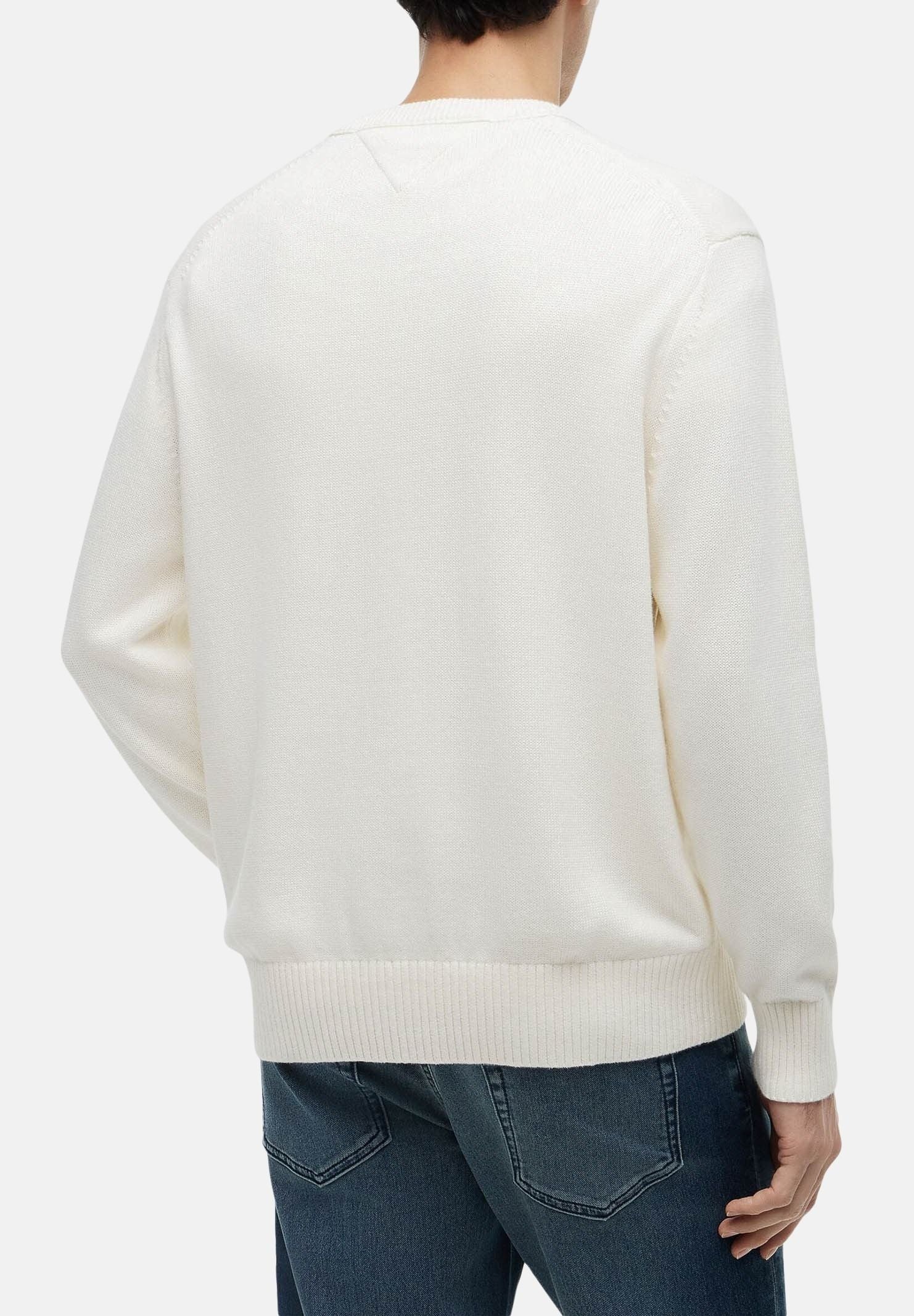 TOMMY HILFIGER Maglione FAG RELAXED, ivory avorio da uomo con motivo bandiera Americana in intarsio sul davanti.<BR/> MW0MW43386 Z00 TOMMY HILFIGER