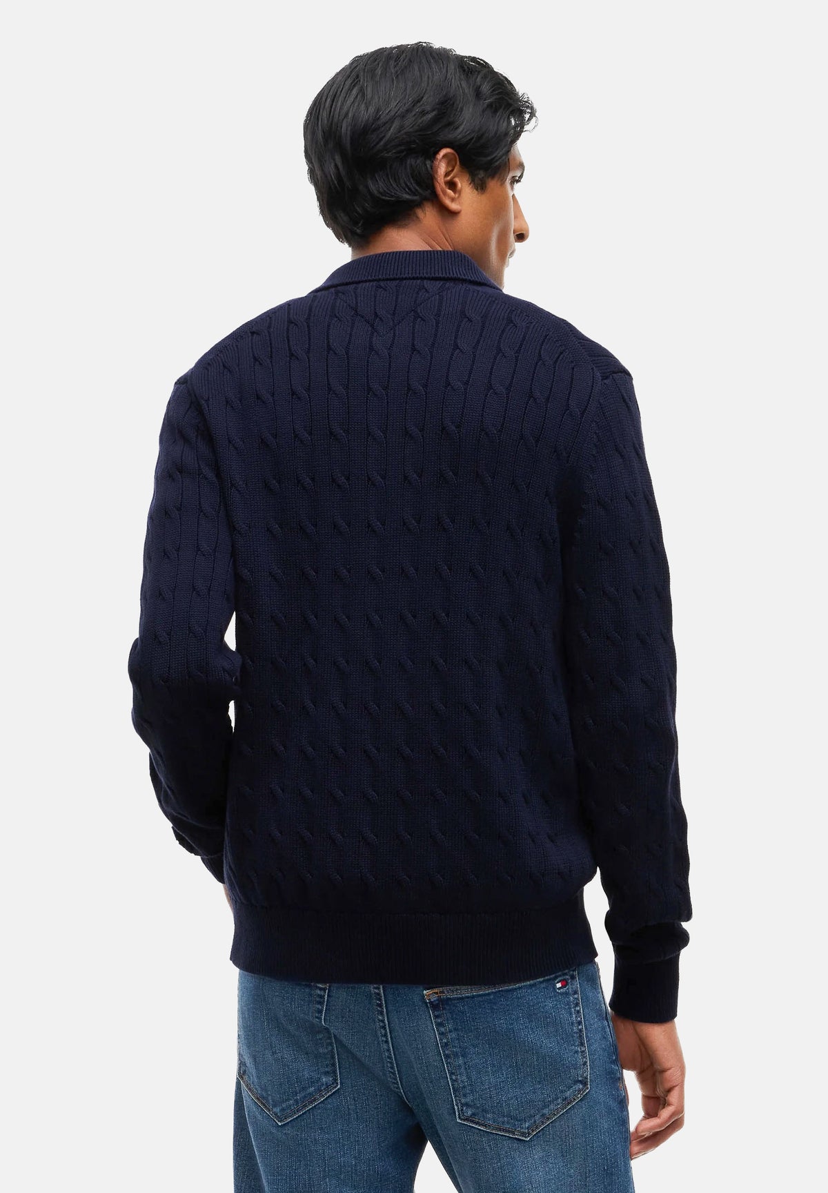 TOMMY HILFIGER cardigan CABLE KNIT COLLARED CARDIGAN blu navy per uomo e donna in cotone a trecce, con colletto, bottoni frontali e tasche applicate. MW0MW44756 DW5 TOMMY HILFIGER