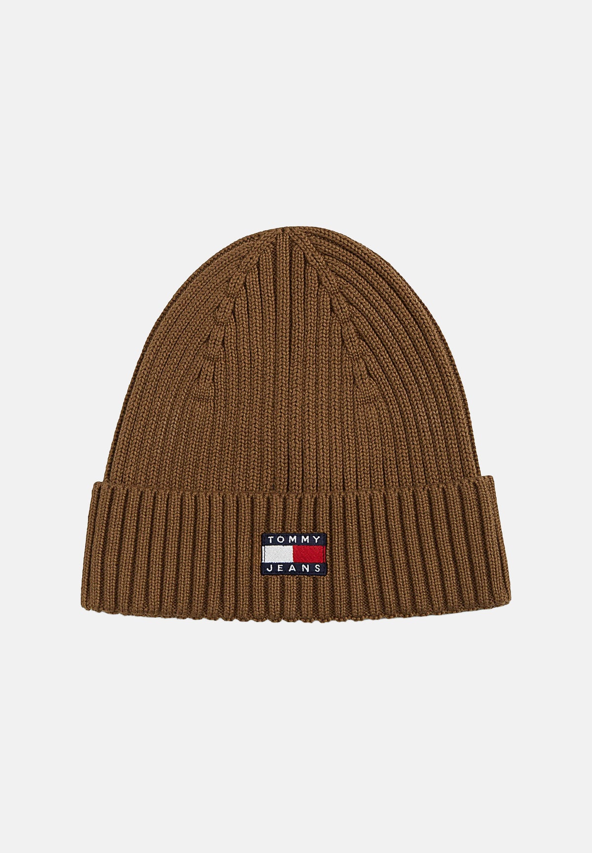 TOMMY JEANS Cappello di lana BEANIE marrone per uomo e donna con risvolto e patch logo ricamato. AM0AM13669 GWI TOMMY JEANS