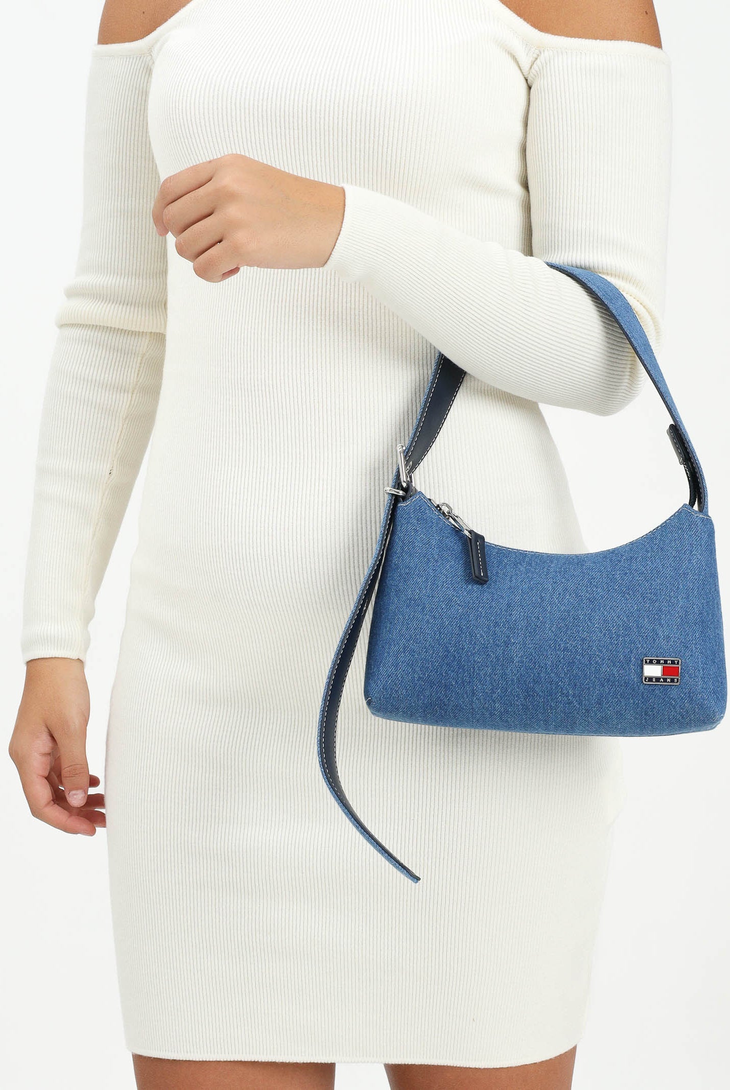 TOMMY JEANS Borsa a spalla in denim blu da donna con logo AW0AW17877 1AF TOMMY JEANS