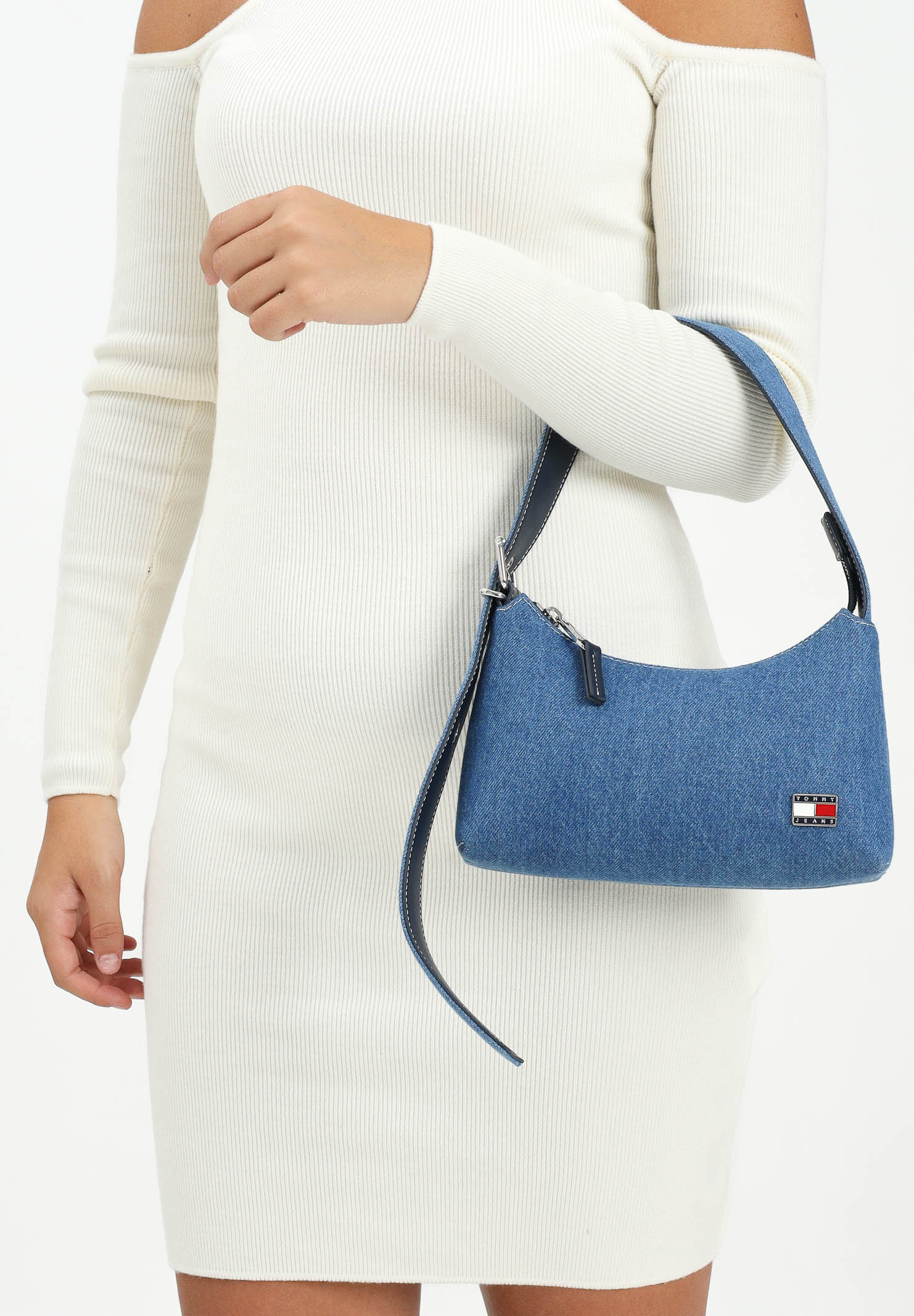 TOMMY JEANS Borsa a spalla in denim blu da donna con logo AW0AW17877 1AF TOMMY JEANS