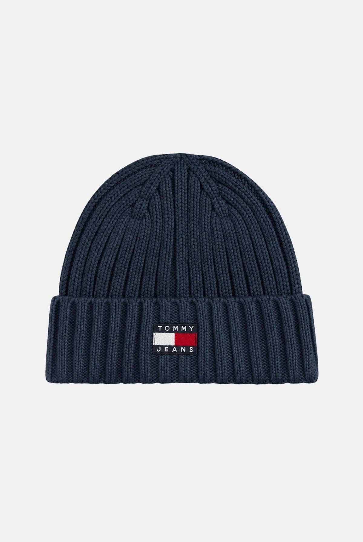 TOMMY JEANS Cappello blu navy per uomo e donna con lavorazione a costine e patch logo rettangolare sul risvolto AW0AW18979 AES TOMMY JEANS