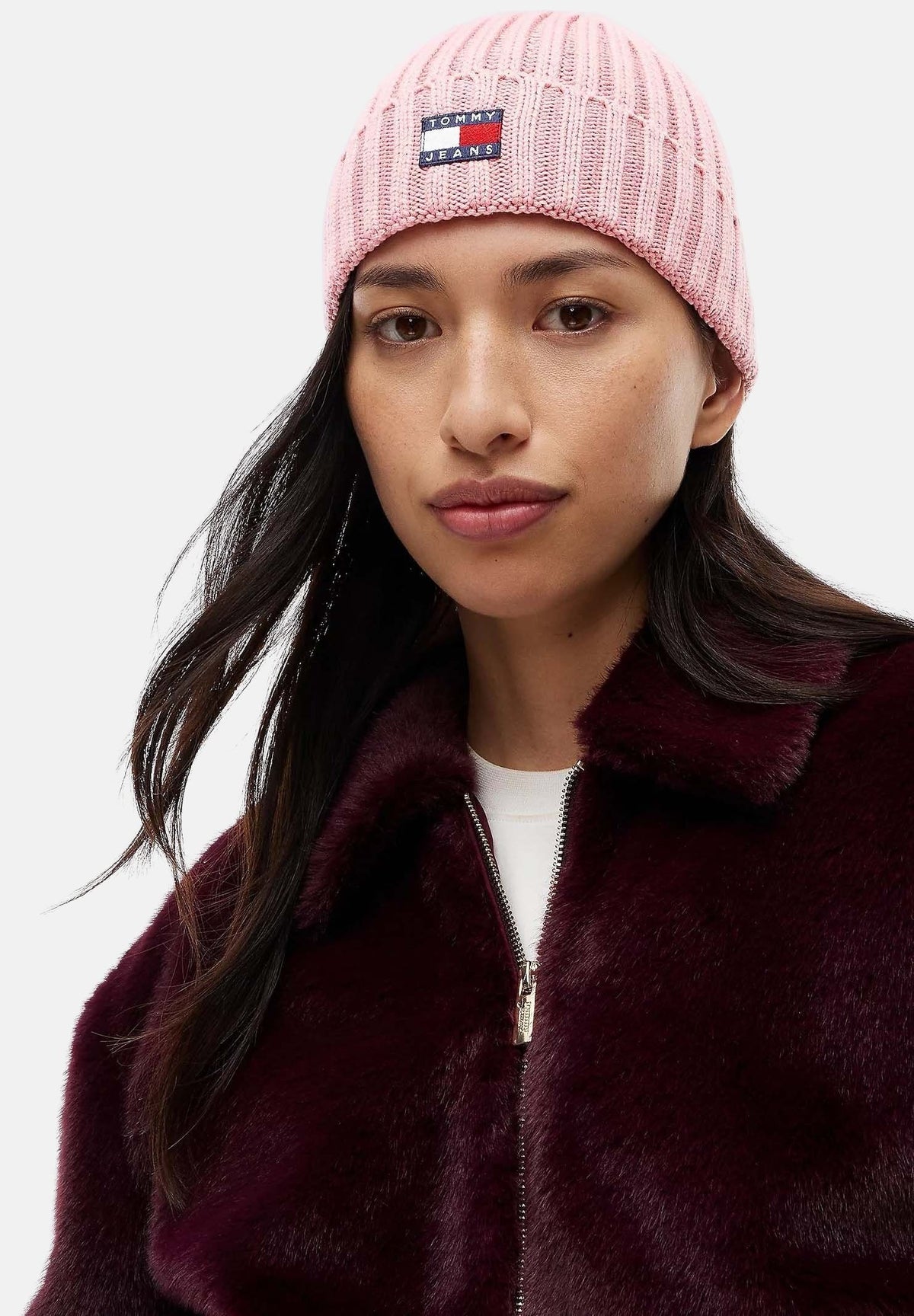 TOMMY JEANS Cappello di lana Heritage rosa da donna con lavorazione a coste, bordo risvoltato AW0AW18979 TPI TOMMY JEANS