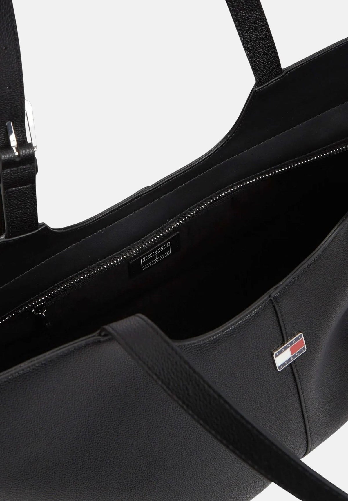 TOMMY JEANS Borsa tote nera per donna con doppi manici lunghi, chiusura con zip e logo flag frontale. AW0AW19064 BDS TOMMY JEANS