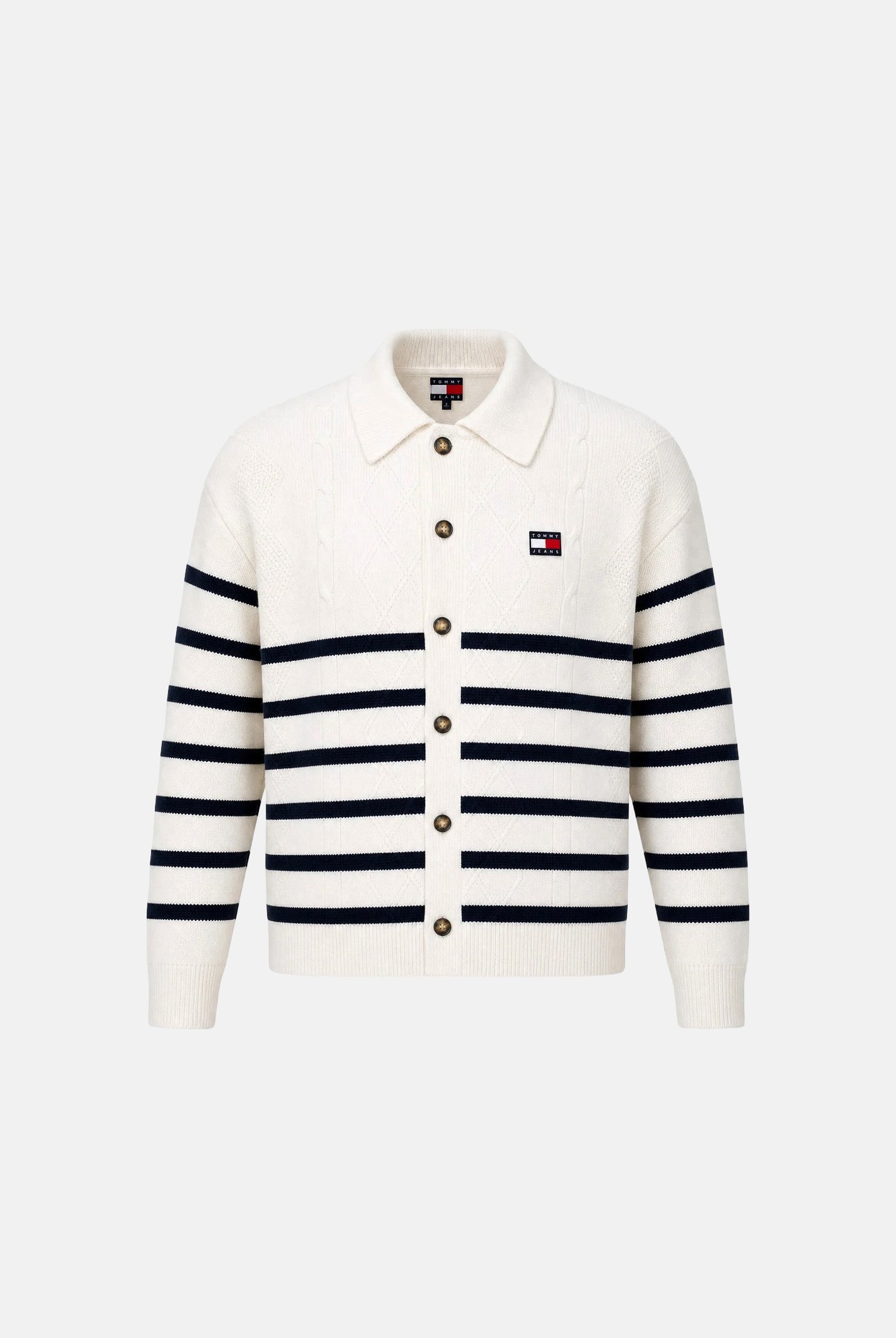 TOMMY JEANS Cardigan CABLE KNIT ancient white bianco da uomo con lavorazione a trecce e motivo a righe orizzontali. DM0DM23210 YBH TOMMY JEANS
