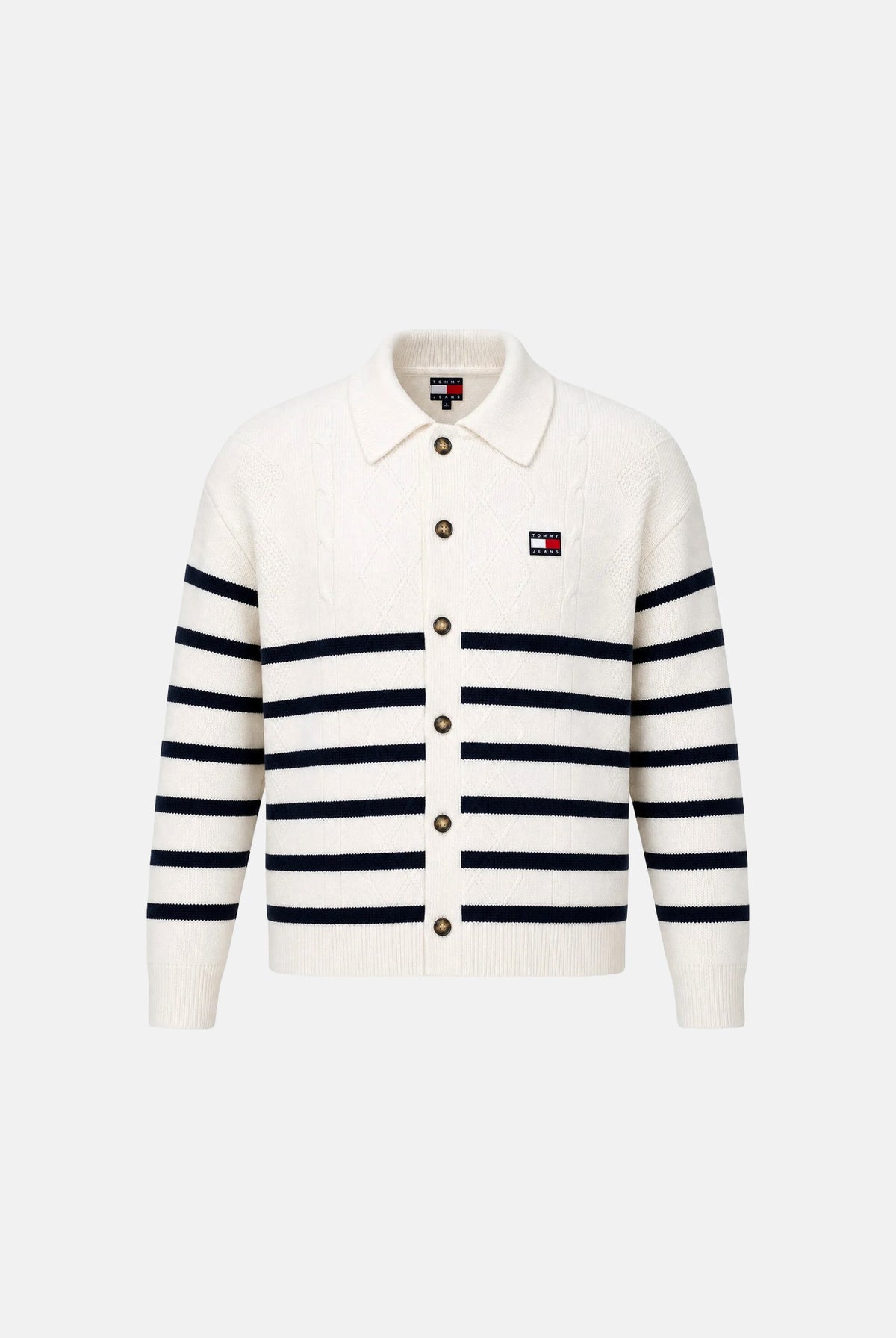 TOMMY JEANS Cardigan CABLE KNIT ancient white bianco da uomo con lavorazione a trecce e motivo a righe orizzontali. DM0DM23210 YBH TOMMY JEANS