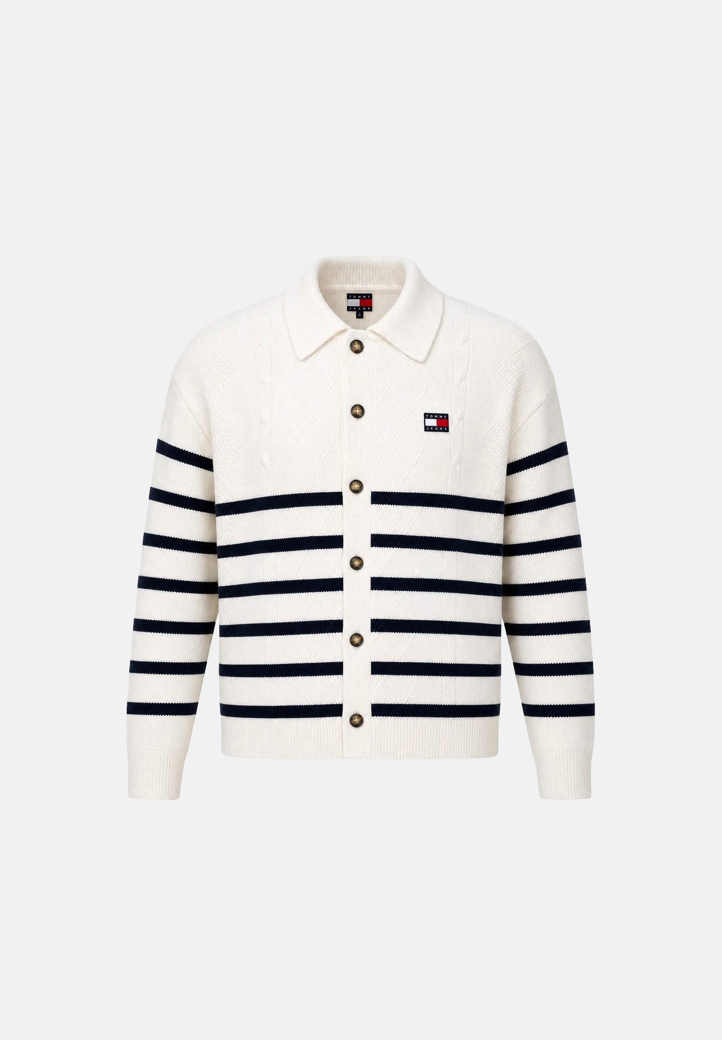 TOMMY JEANS Cardigan CABLE KNIT ancient white bianco da uomo con lavorazione a trecce e motivo a righe orizzontali. DM0DM23210 YBH TOMMY JEANS