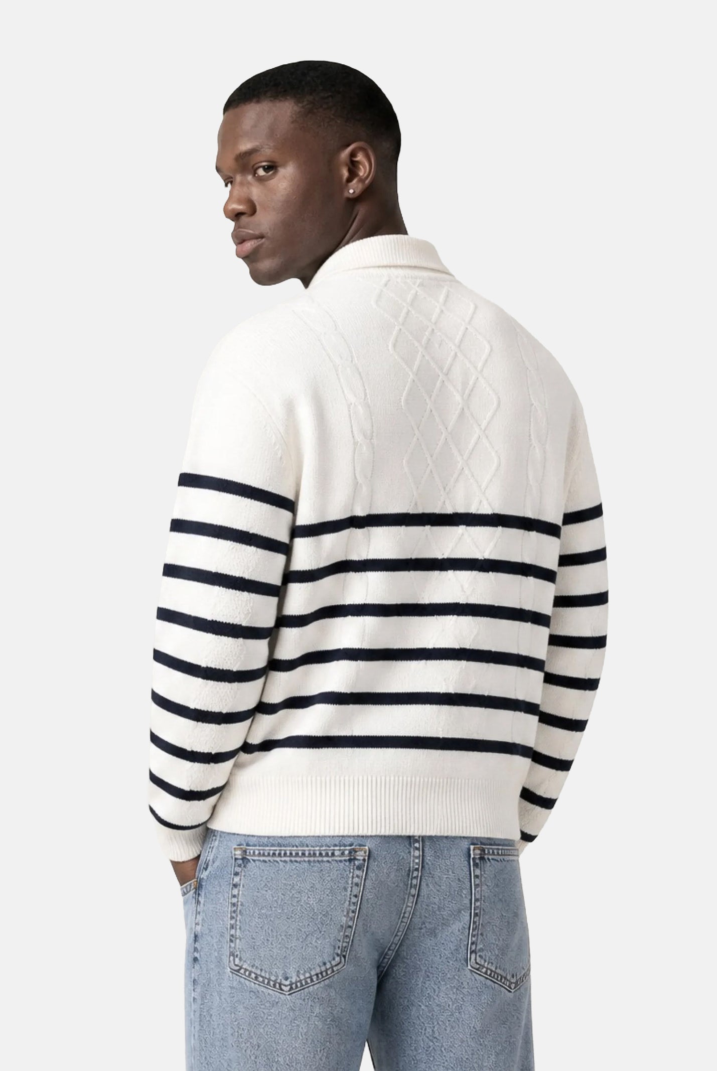 TOMMY JEANS Cardigan CABLE KNIT ancient white bianco da uomo con lavorazione a trecce e motivo a righe orizzontali. DM0DM23210 YBH TOMMY JEANS