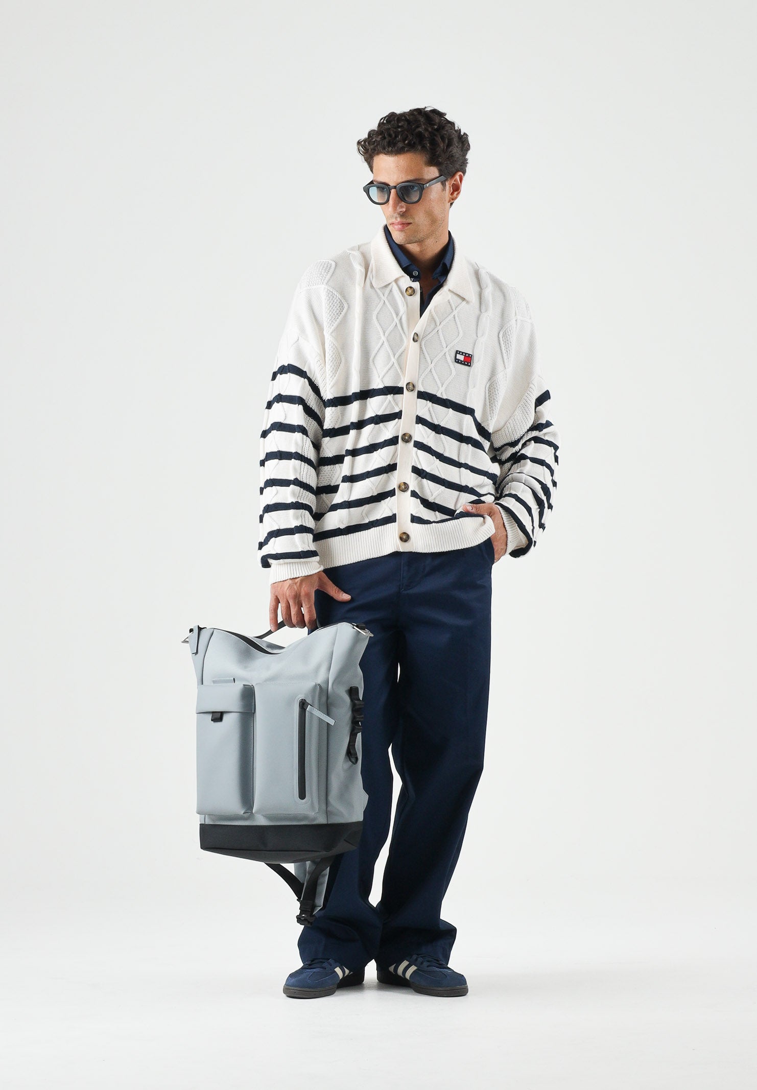 TOMMY JEANS Cardigan CABLE KNIT ancient white bianco da uomo con lavorazione a trecce e motivo a righe orizzontali. DM0DM23210 YBH TOMMY JEANS