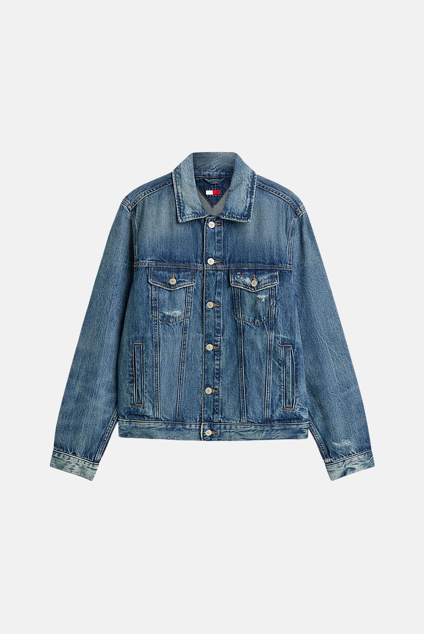 TOMMY JEANS Giubbotto RYAN DISTRESSED denim dark blu da uomo<BR/> DM0DM23369 1BK TOMMY JEANS