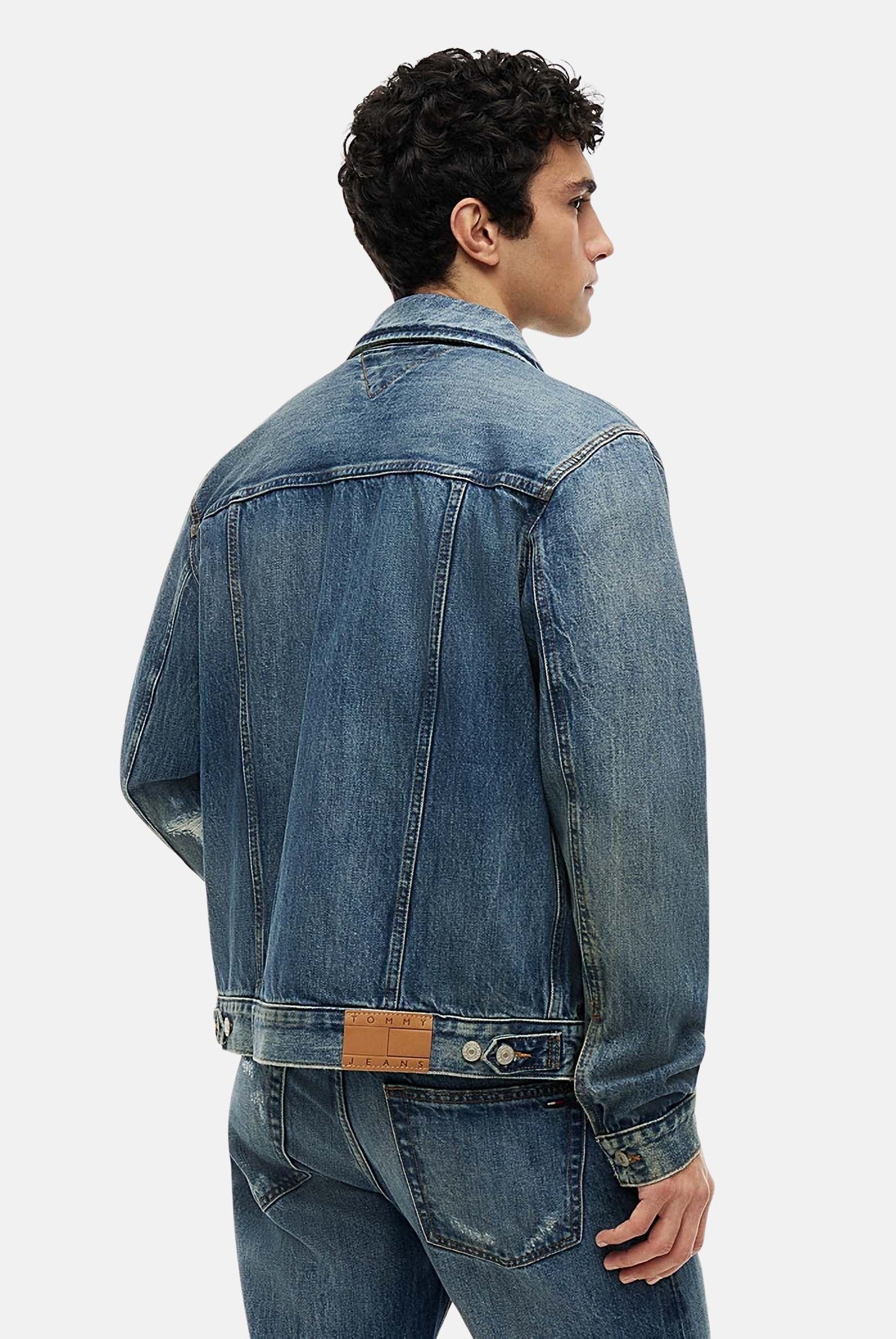 TOMMY JEANS Giubbotto RYAN DISTRESSED denim dark blu da uomo<BR/> DM0DM23369 1BK TOMMY JEANS