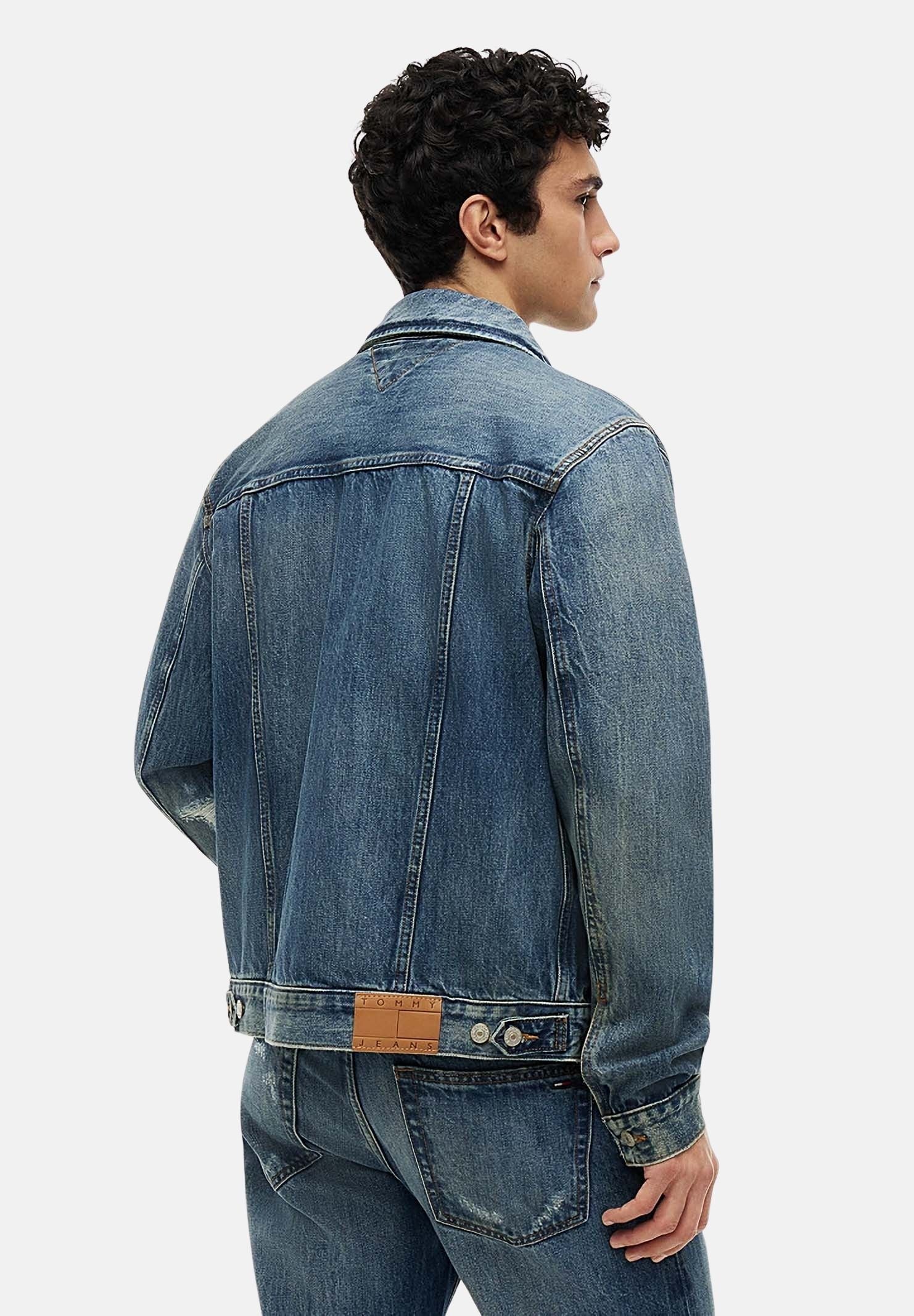 TOMMY JEANS Giubbotto RYAN DISTRESSED denim dark blu da uomo<BR/> DM0DM23369 1BK TOMMY JEANS