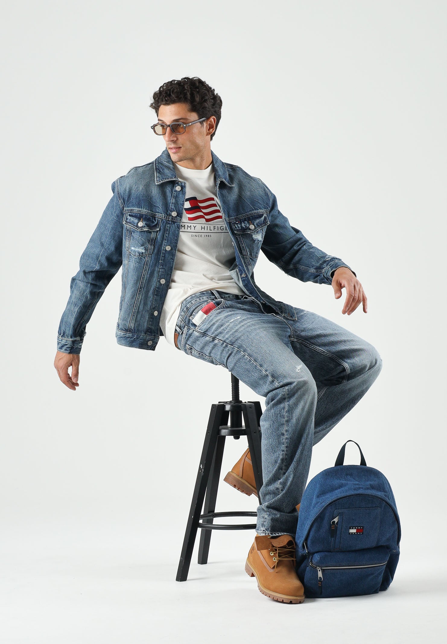 TOMMY JEANS Giubbotto RYAN DISTRESSED denim dark blu da uomo<BR/> DM0DM23369 1BK TOMMY JEANS
