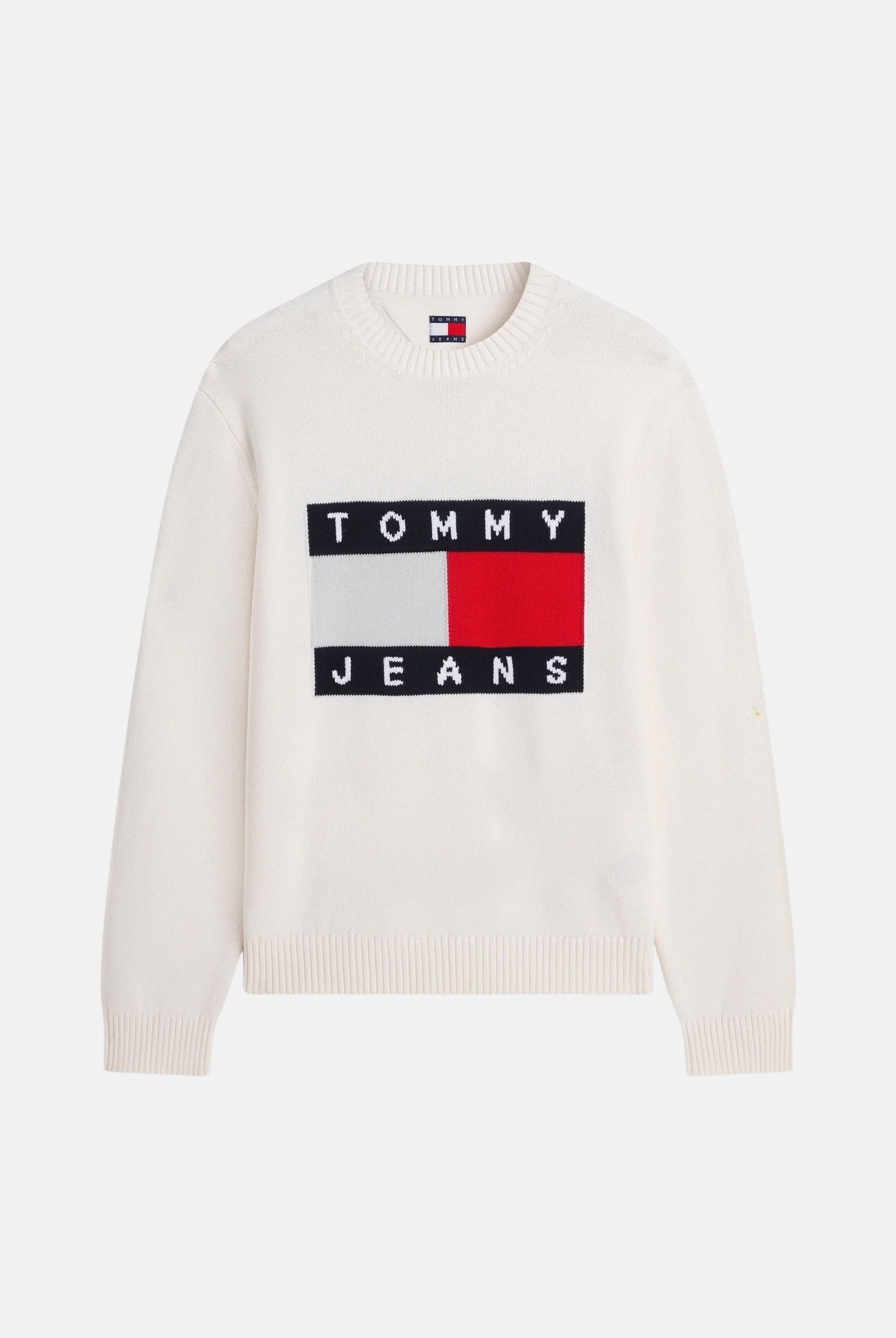 TOMMY JEANS Maglione FLAG LOGO CREWNECK ancient white biano da uomo<BR/> DM0DM23413 YBH TOMMY JEANS