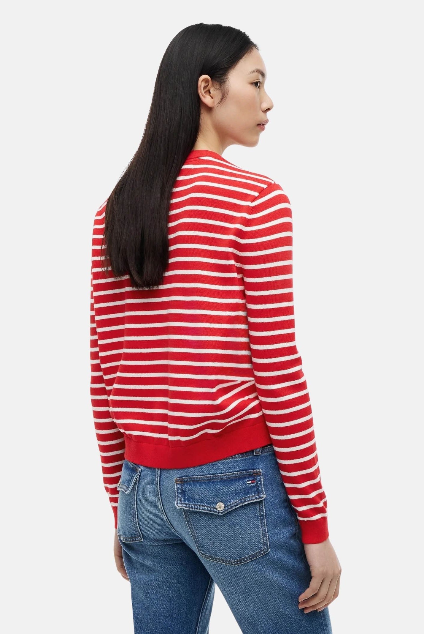 TOMMY JEANS Maglia ESSENTIAL CREW SWEATER girocollo,rossa e bianca da donna con fantasia a righe. DW0DW20159 0EX TOMMY JEANS