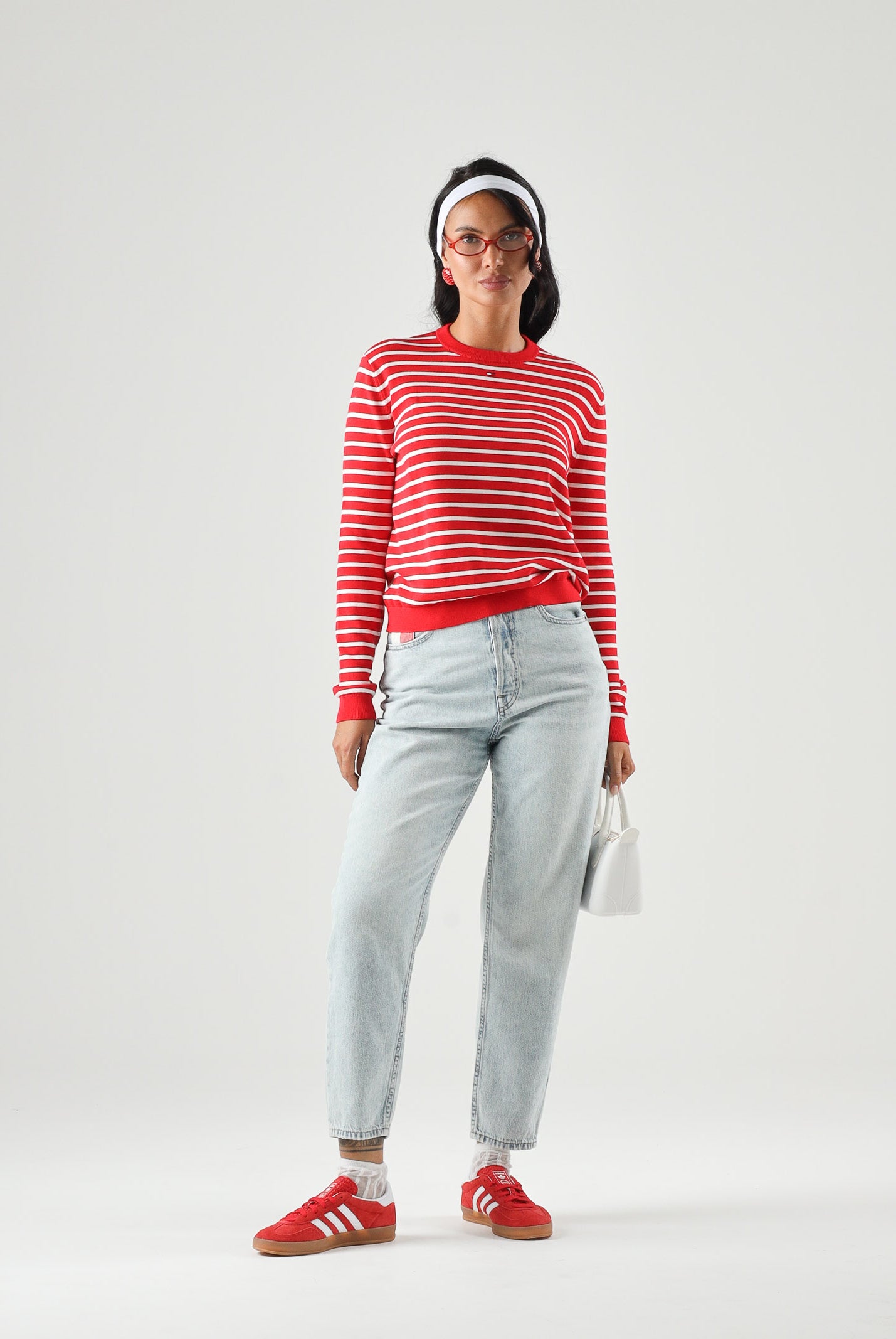 TOMMY JEANS Maglia ESSENTIAL CREW SWEATER girocollo,rossa e bianca da donna con fantasia a righe. DW0DW20159 0EX TOMMY JEANS