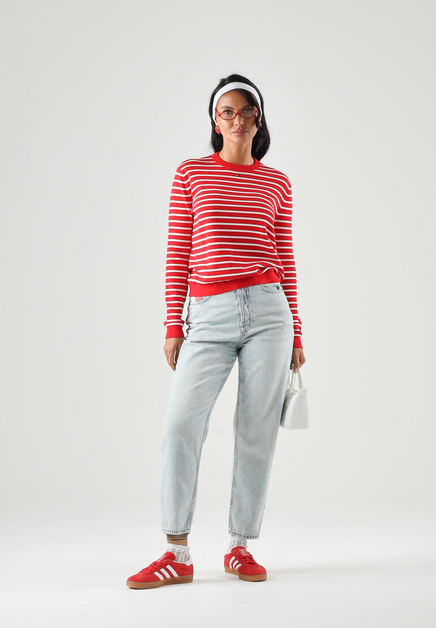 TOMMY JEANS Maglia ESSENTIAL CREW SWEATER girocollo,rossa e bianca da donna con fantasia a righe. DW0DW20159 0EX TOMMY JEANS