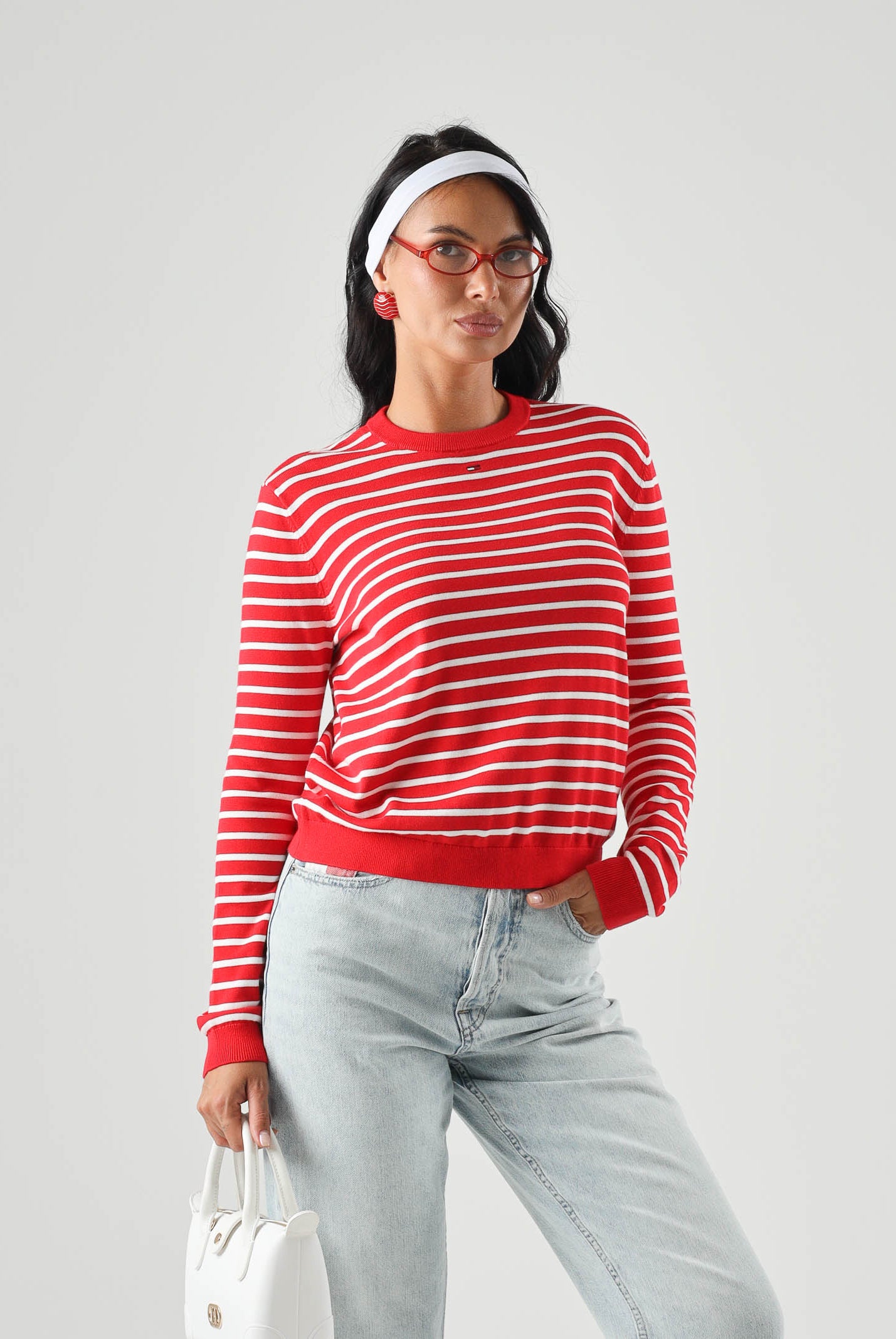 TOMMY JEANS Maglia ESSENTIAL CREW SWEATER girocollo,rossa e bianca da donna con fantasia a righe. DW0DW20159 0EX TOMMY JEANS