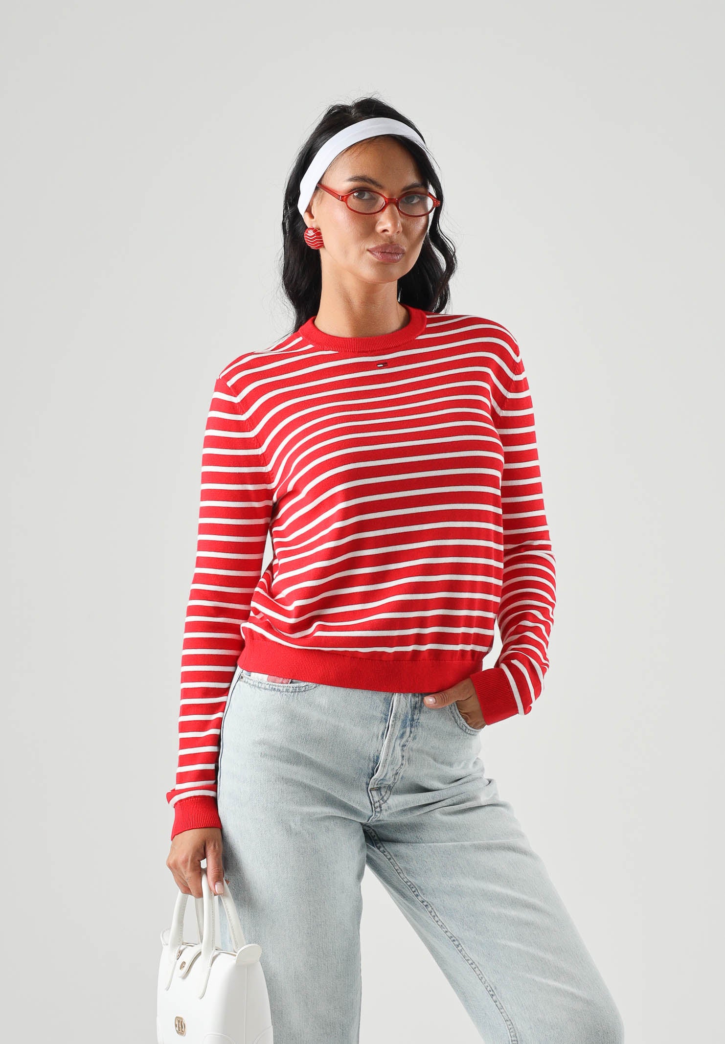 TOMMY JEANS Maglia ESSENTIAL CREW SWEATER girocollo,rossa e bianca da donna con fantasia a righe. DW0DW20159 0EX TOMMY JEANS