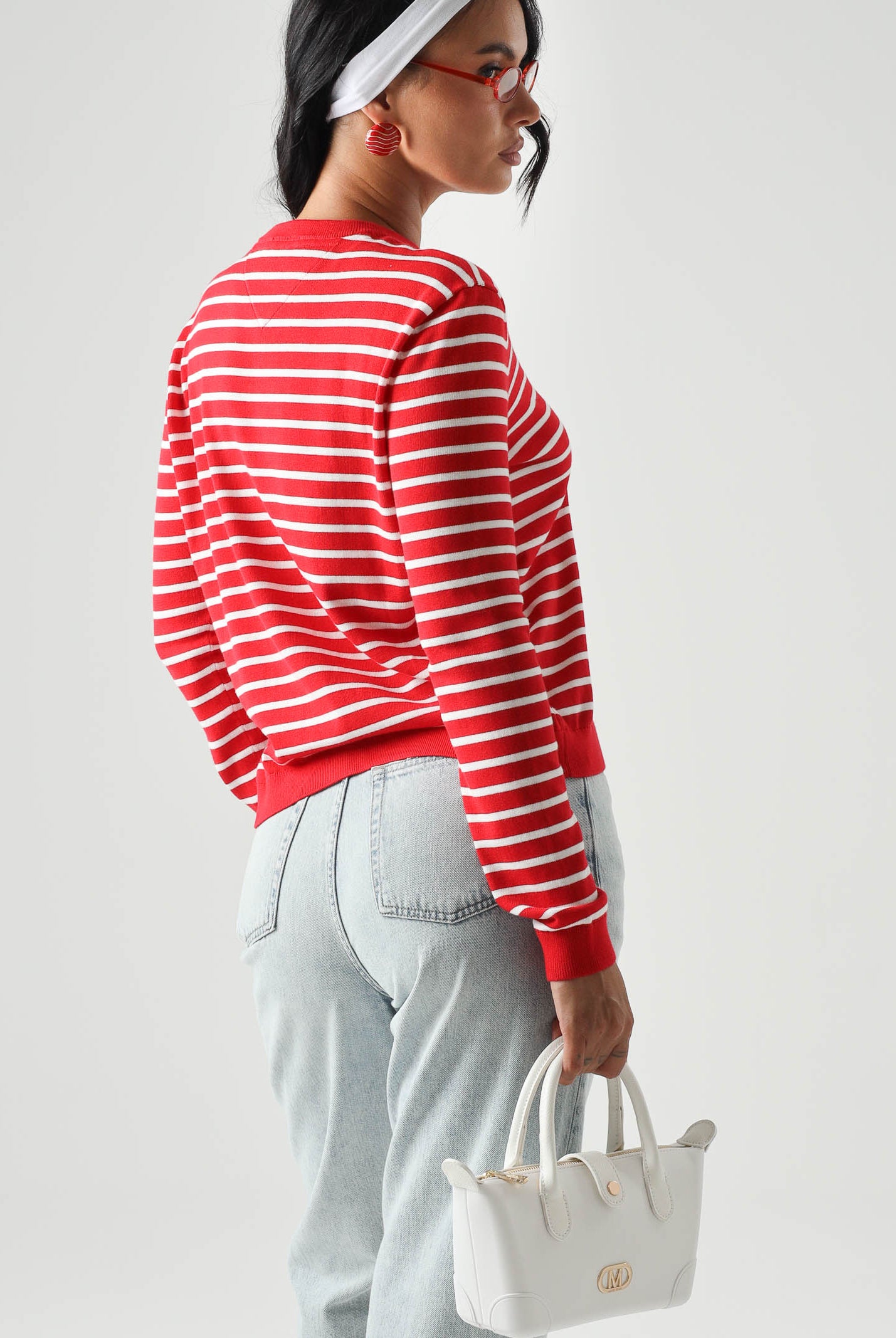 TOMMY JEANS Maglia ESSENTIAL CREW SWEATER girocollo,rossa e bianca da donna con fantasia a righe. DW0DW20159 0EX TOMMY JEANS
