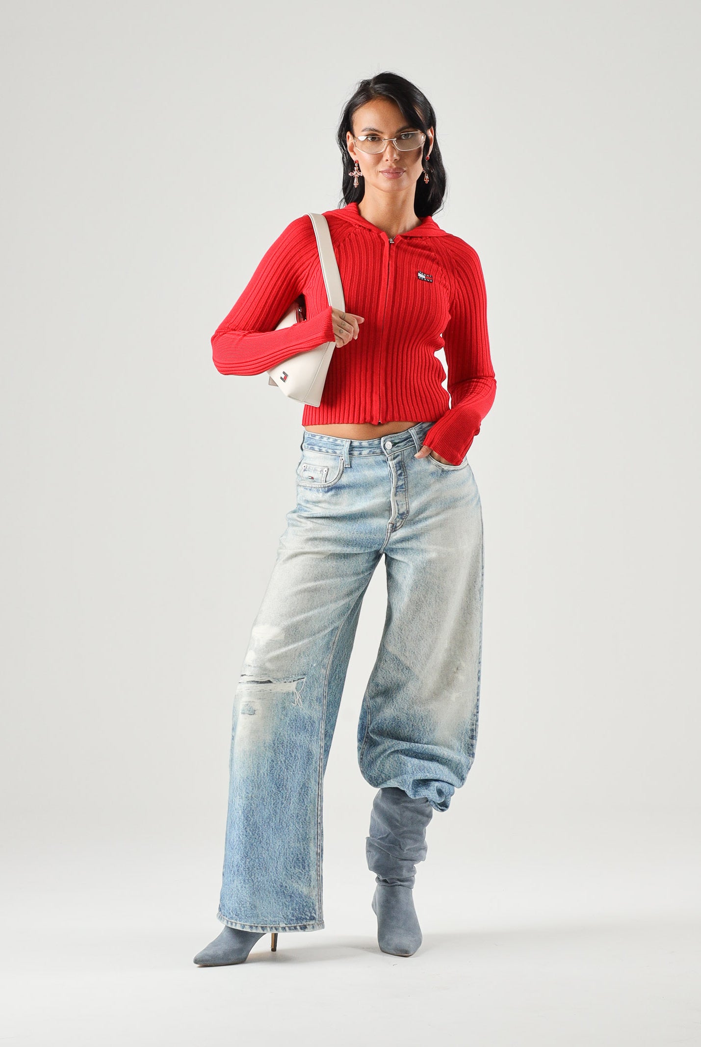 TOMMY JEANS Cardigan AMARYLLI con zip ribbed rosso da donna <BR/> DW0DW20974 XK9 TOMMY JEANS