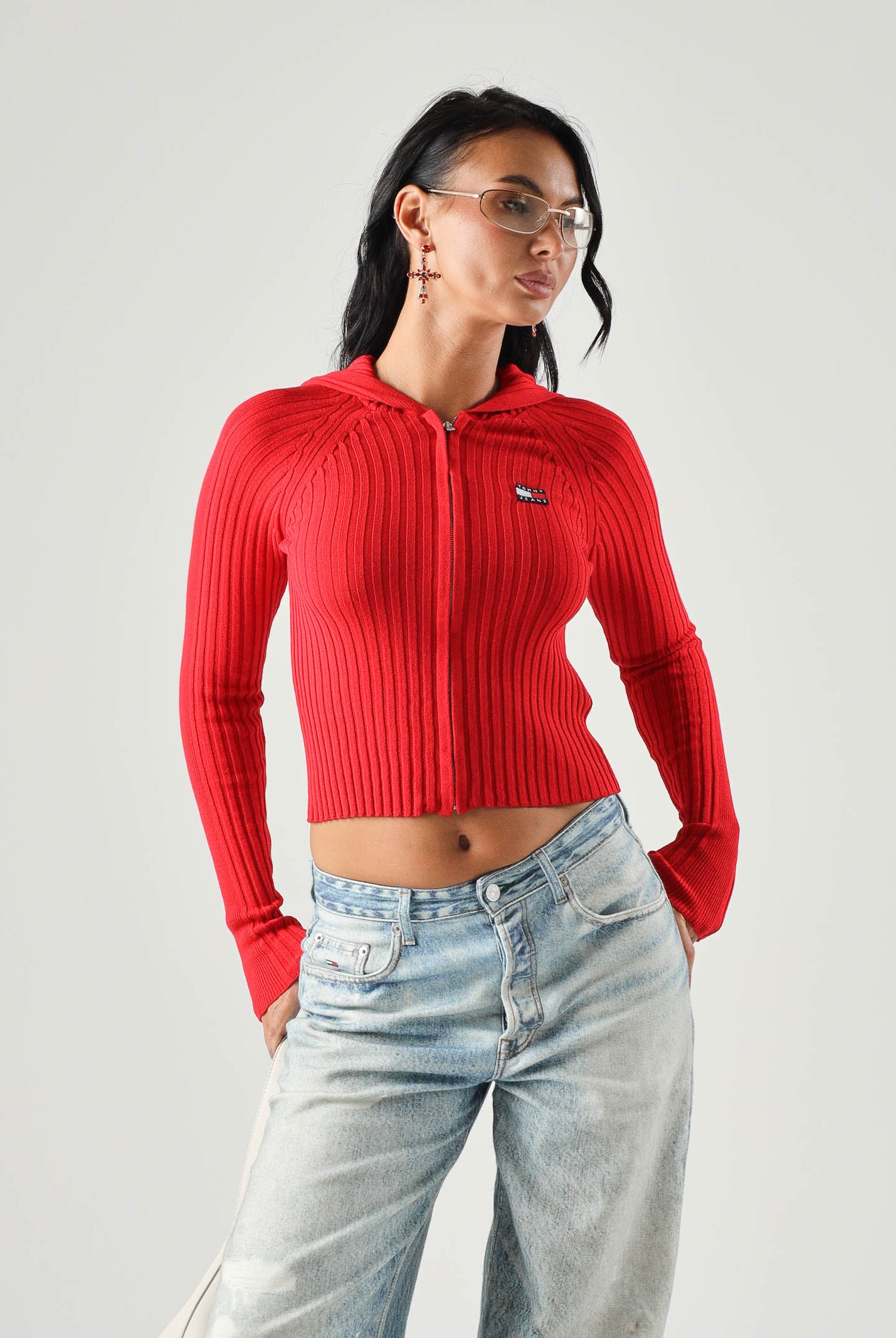 TOMMY JEANS Cardigan AMARYLLI con zip ribbed rosso da donna <BR/> DW0DW20974 XK9 TOMMY JEANS