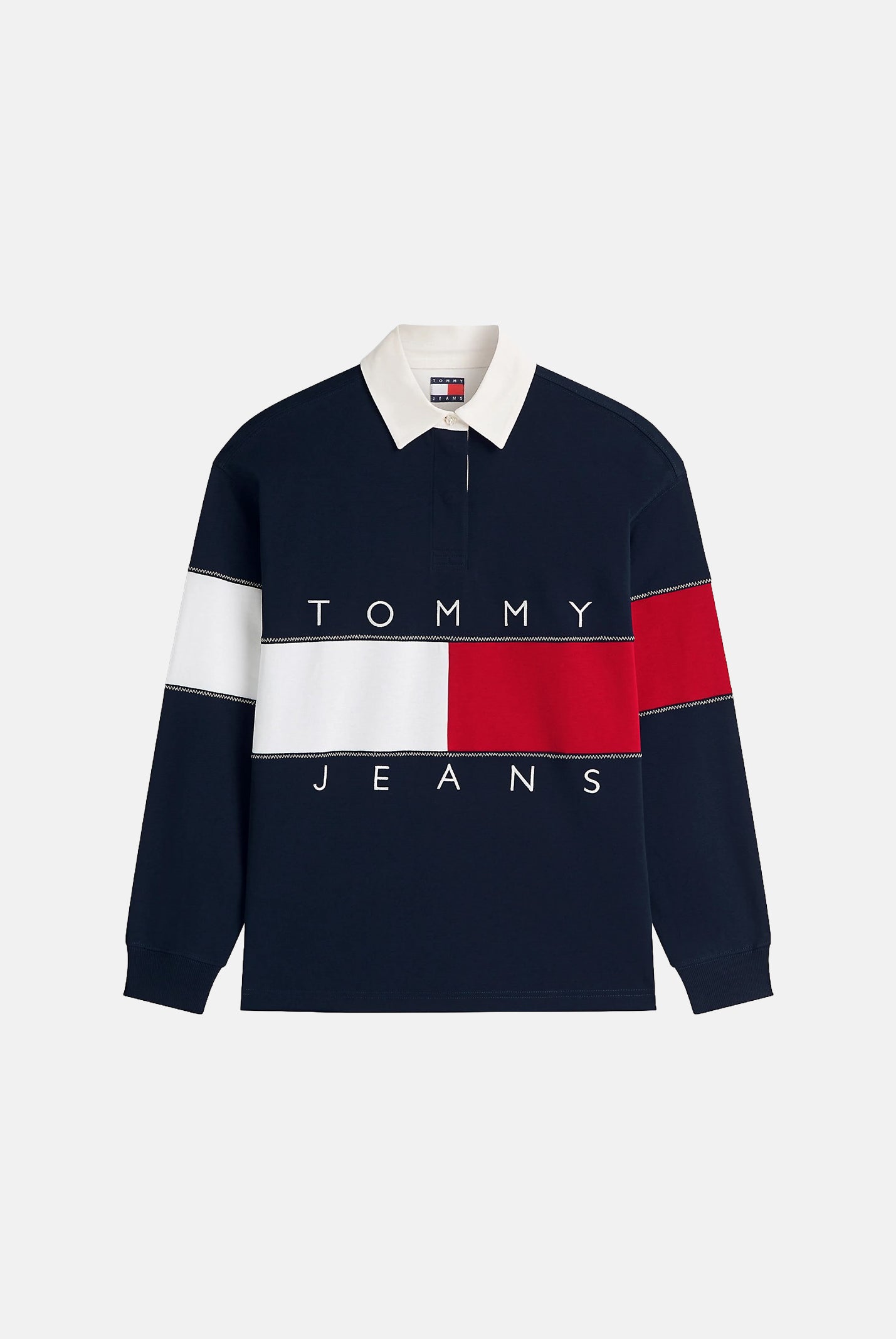 TOMMY JEANS polo rugby Tommy Flag Jersey Oversized Rugby Shirt Dark Night Navy blu bianco e rosso donna. DW0DW22827 C1G TOMMY JEANS