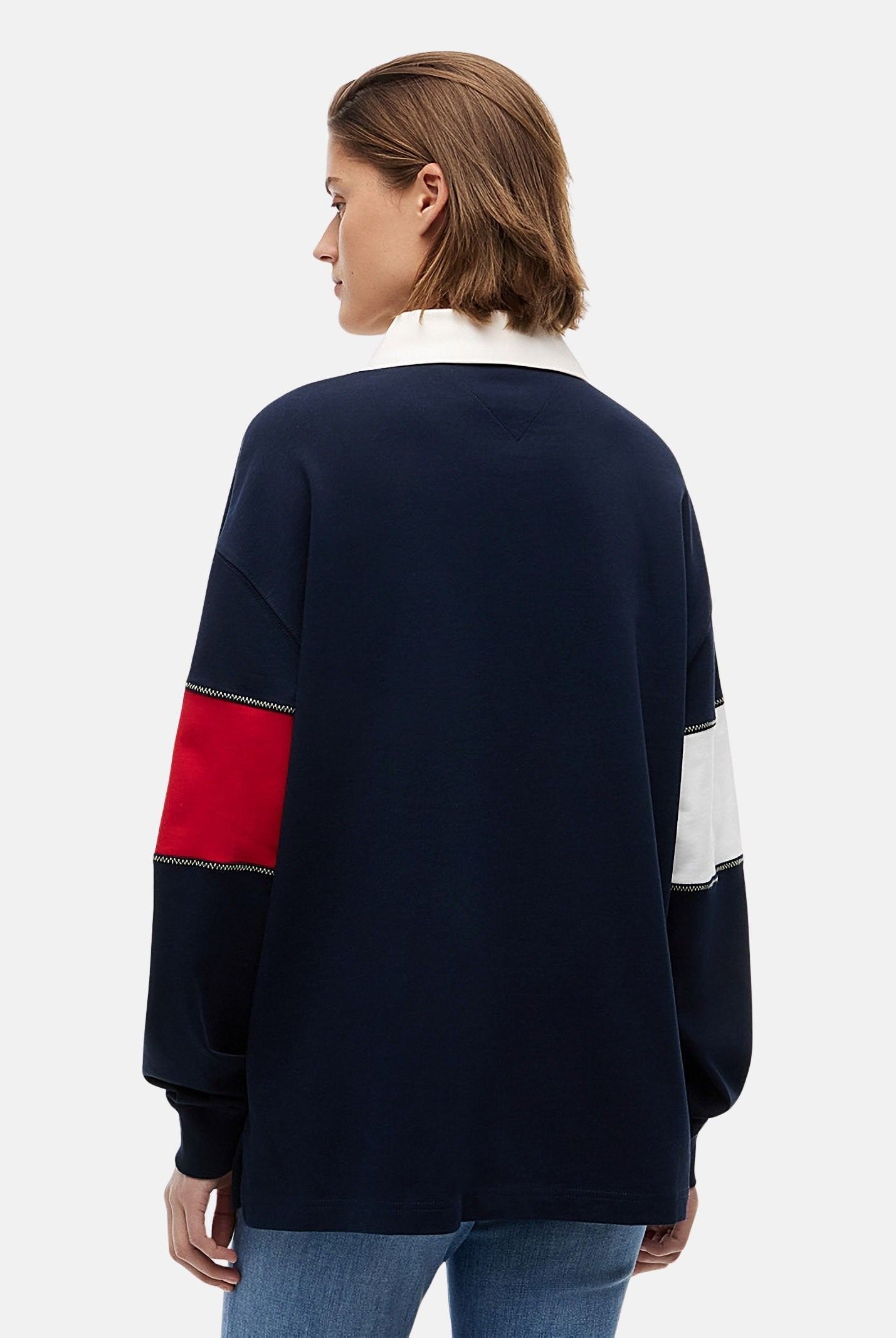 TOMMY JEANS polo rugby Tommy Flag Jersey Oversized Rugby Shirt Dark Night Navy blu bianco e rosso donna. DW0DW22827 C1G TOMMY JEANS