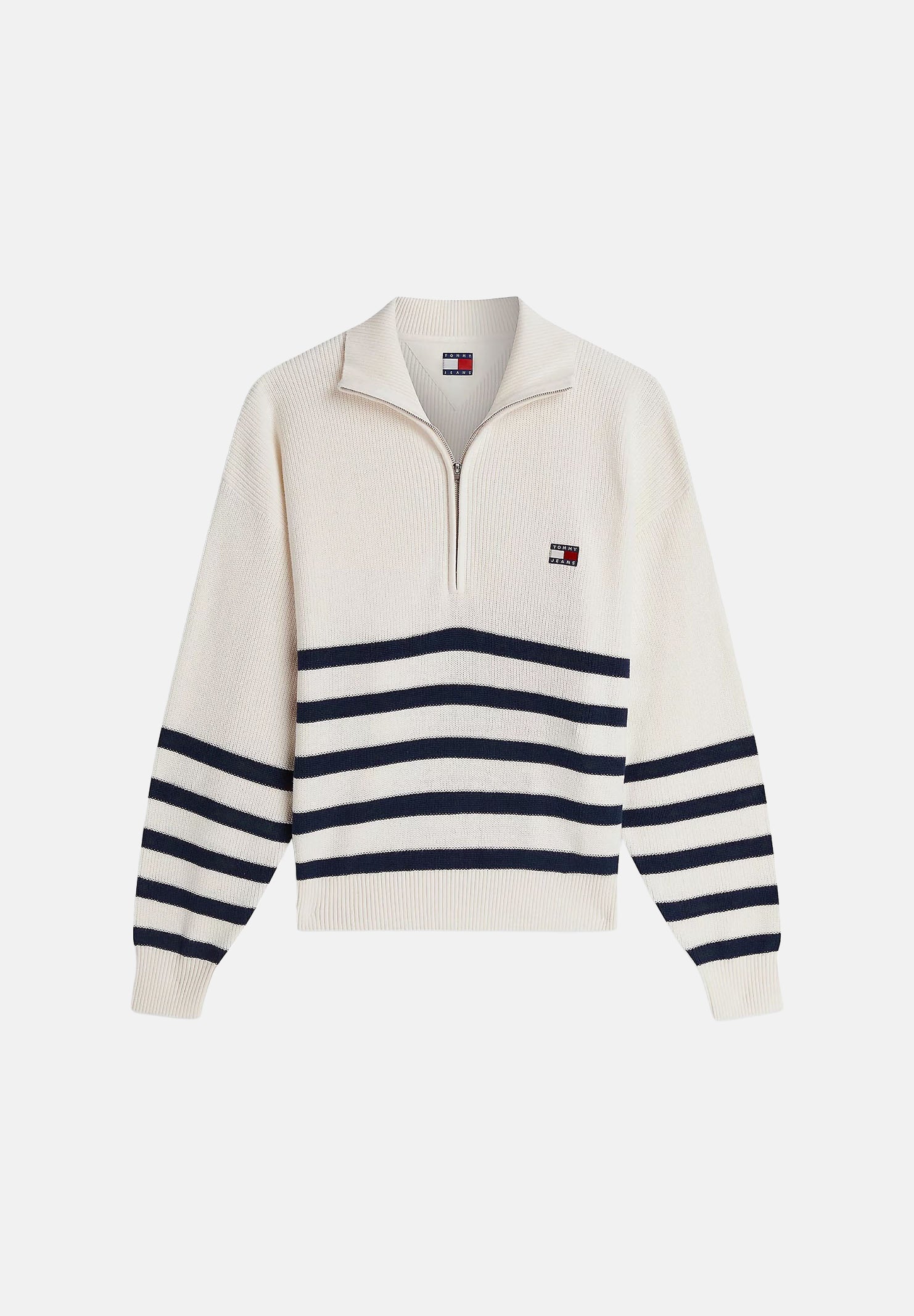TOMMY JEANS maglione Tommy Badge Stripe Quarter-Zip Jumper Ancient White Stripe bianco/panna donna. DW0DW22928 YBH TOMMY JEANS