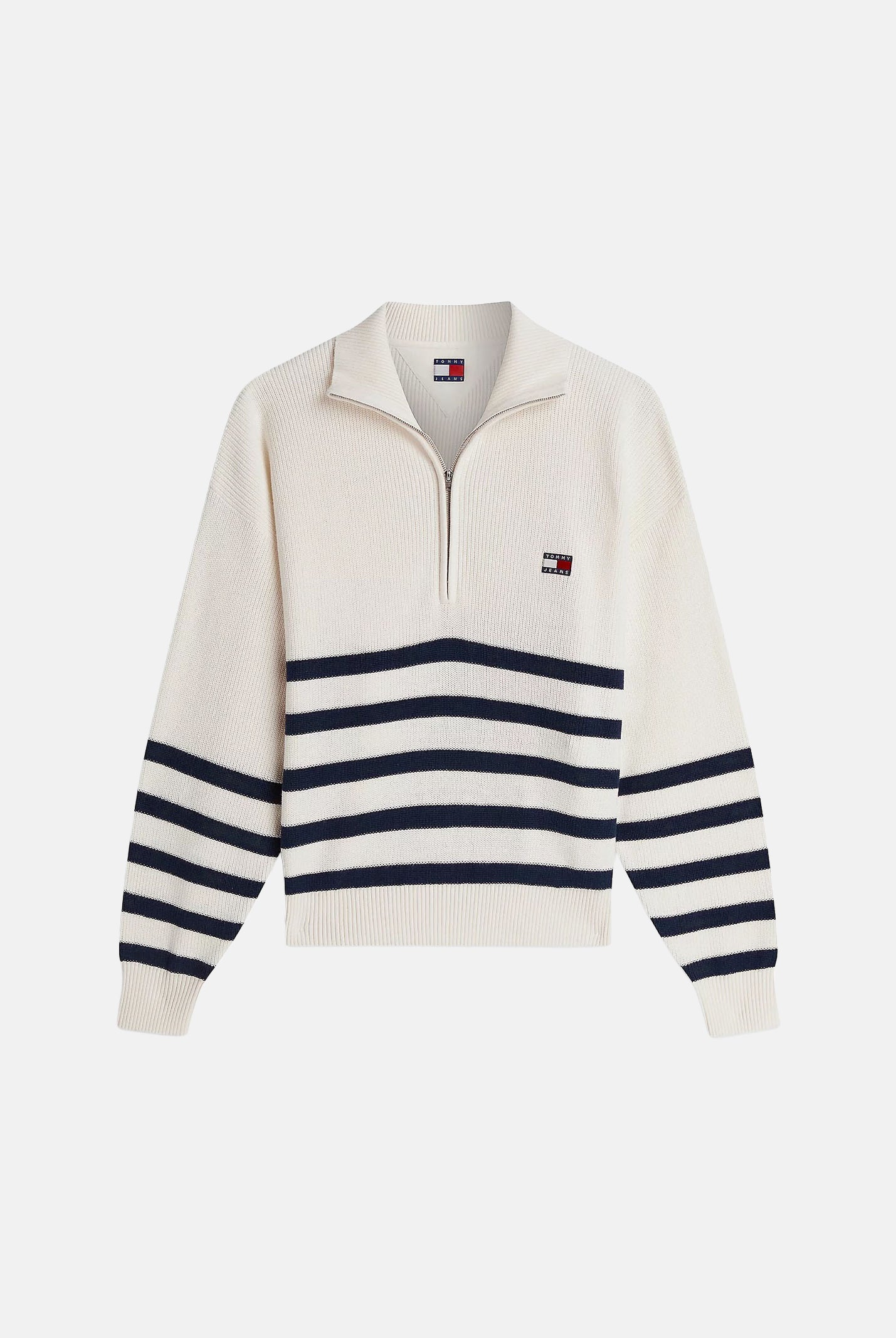 TOMMY JEANS maglione Tommy Badge Stripe Quarter-Zip Jumper Ancient White Stripe bianco/panna donna. DW0DW22928 YBH TOMMY JEANS