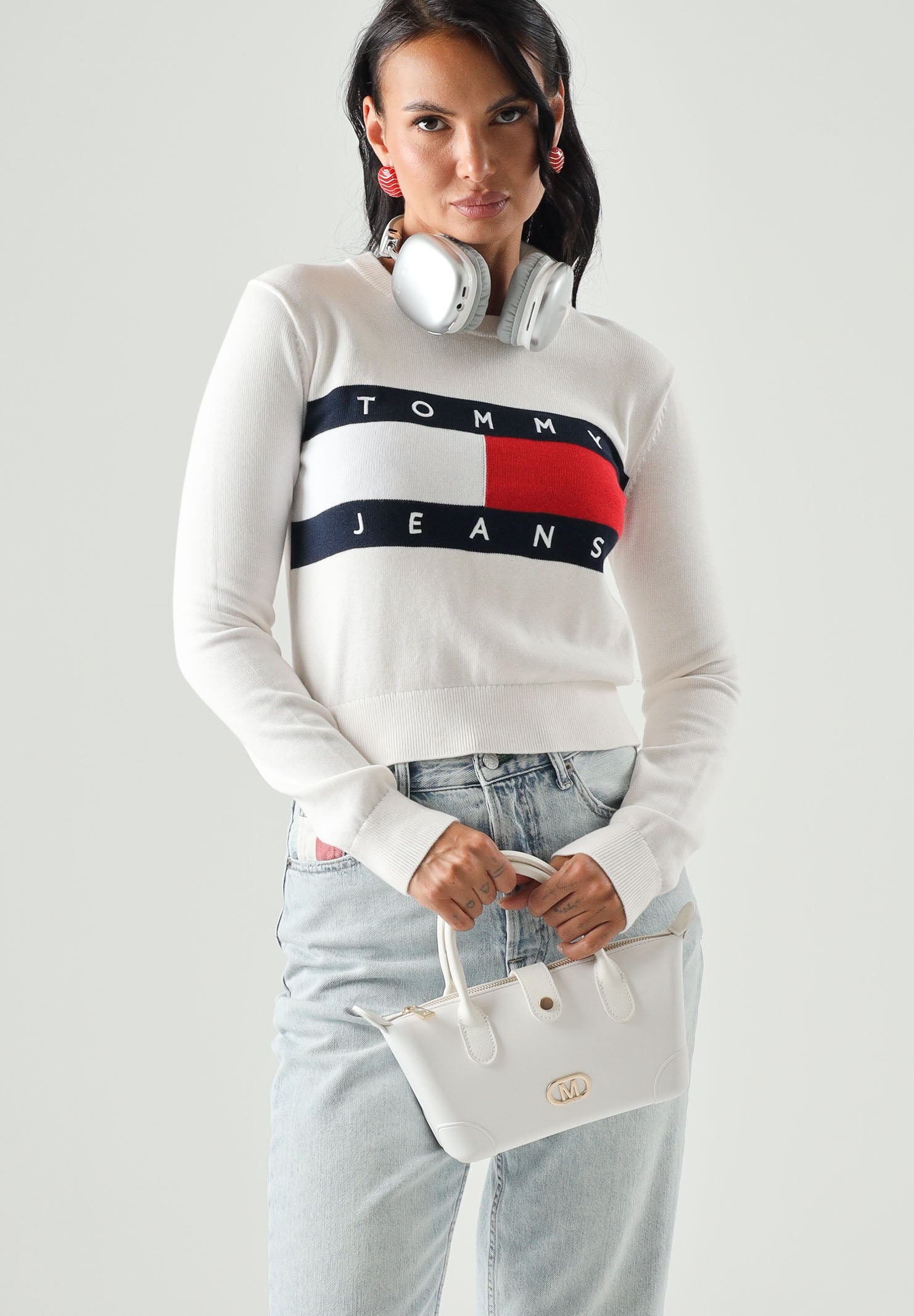 TOMMY JEANS Maglia girocollo Tommy Flag Crew Neck Jumper Ancient White bianco/panna donna. DW0DW22930 YBH TOMMY JEANS