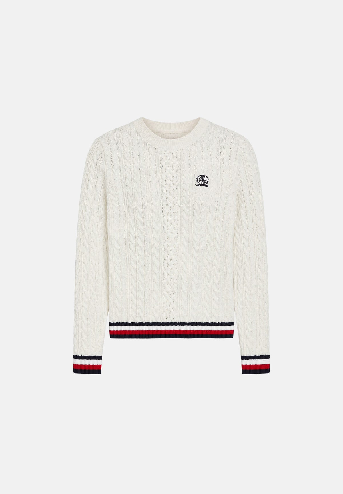 TOMMY JEANS Pullover girocollo TJW RWB bianco da donna con lavorazione a trecce DW0DW22933 YBH TOMMY JEANS