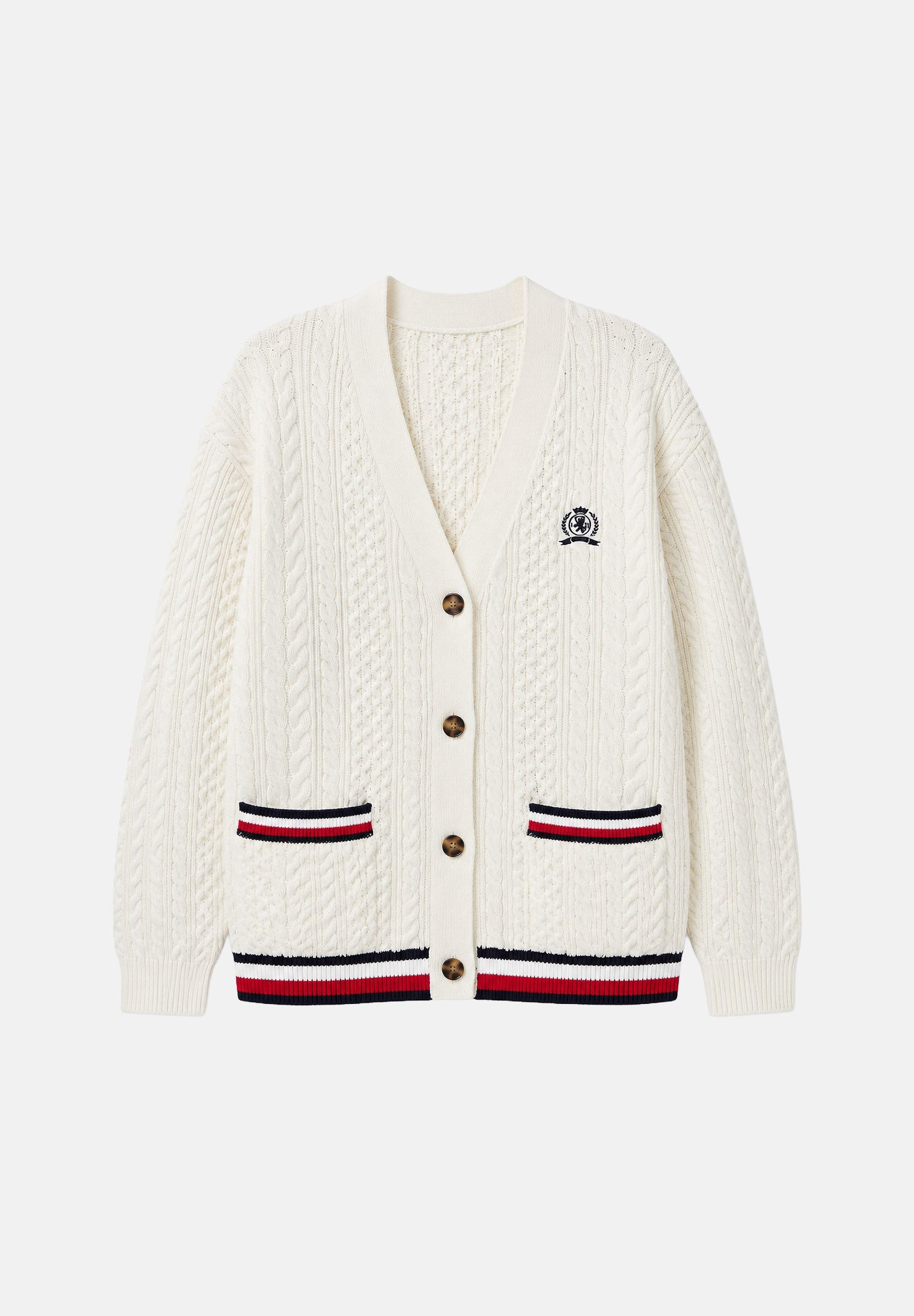 TOMMY JEANS cardigan oversize in maglia a trecce Global Stripe Ancient White bianco donna. DW0DW22934 YBH TOMMY JEANS