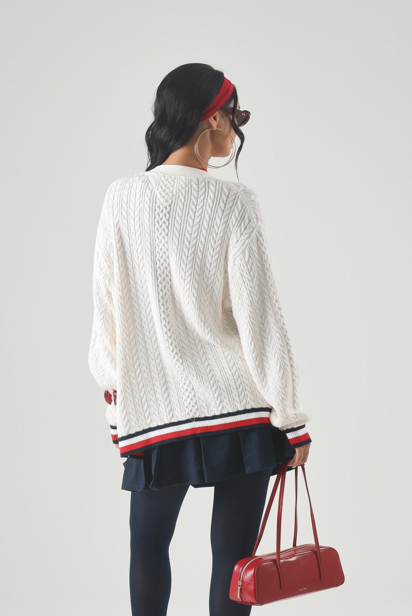 TOMMY JEANS cardigan oversize in maglia a trecce Global Stripe Ancient White bianco donna. DW0DW22934 YBH TOMMY JEANS