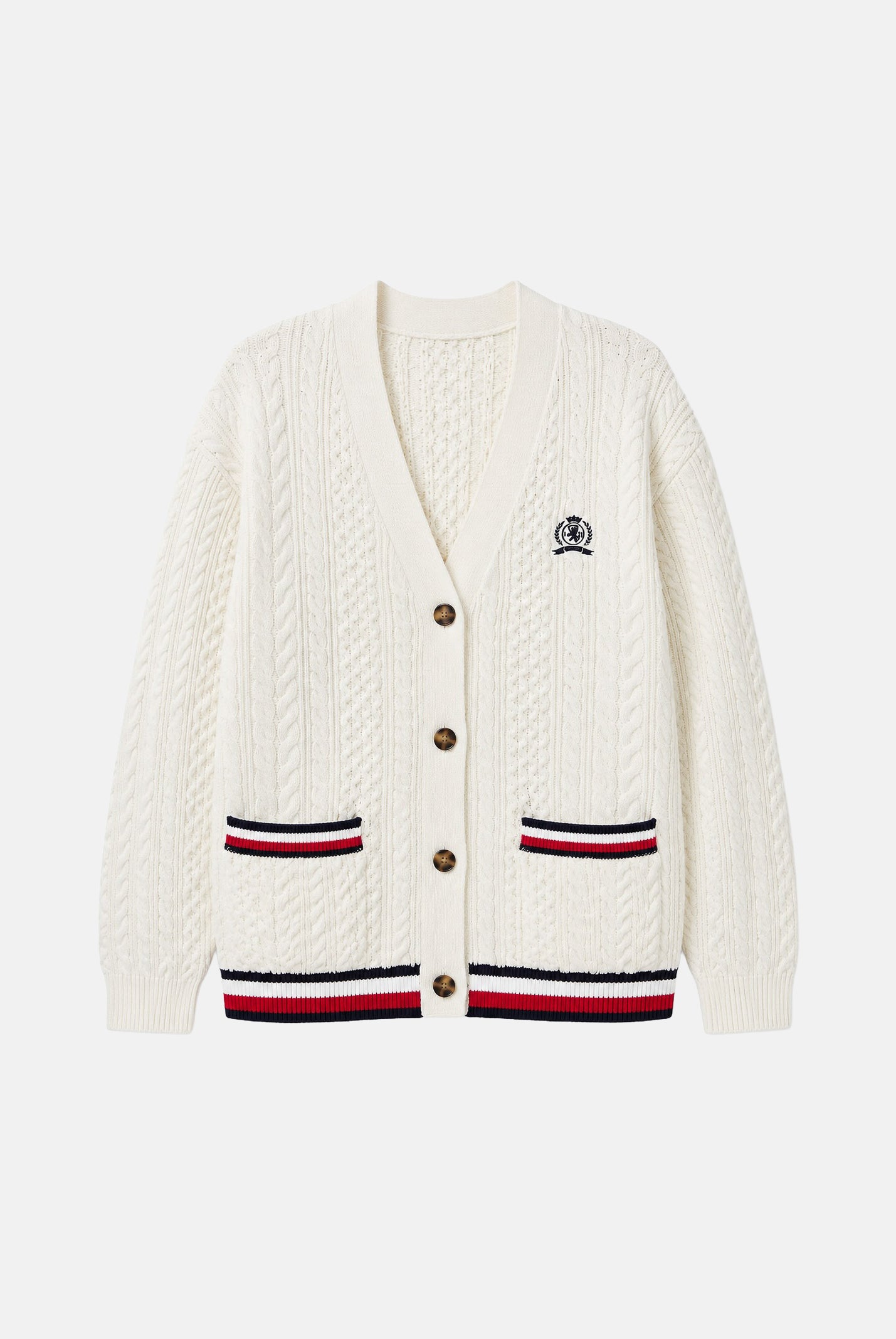 TOMMY JEANS cardigan oversize in maglia a trecce Global Stripe Ancient White bianco donna. DW0DW22934 YBH TOMMY JEANS