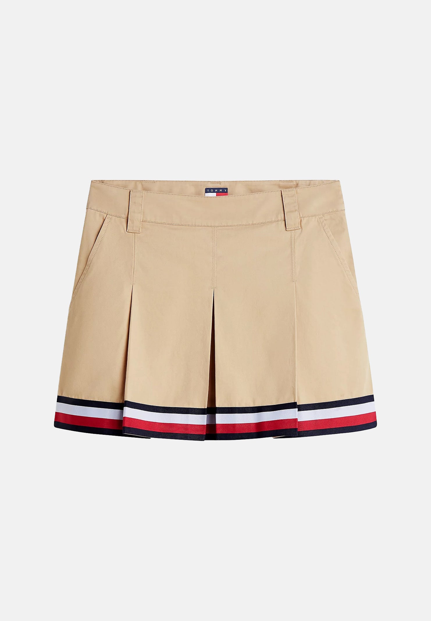 TOMMY JEANS minigonna pieghettata Global Stripe Tape Pleated Mini Skirt Gentle Gold beige da donna. DW0DW22969 AB9 TOMMY JEANS