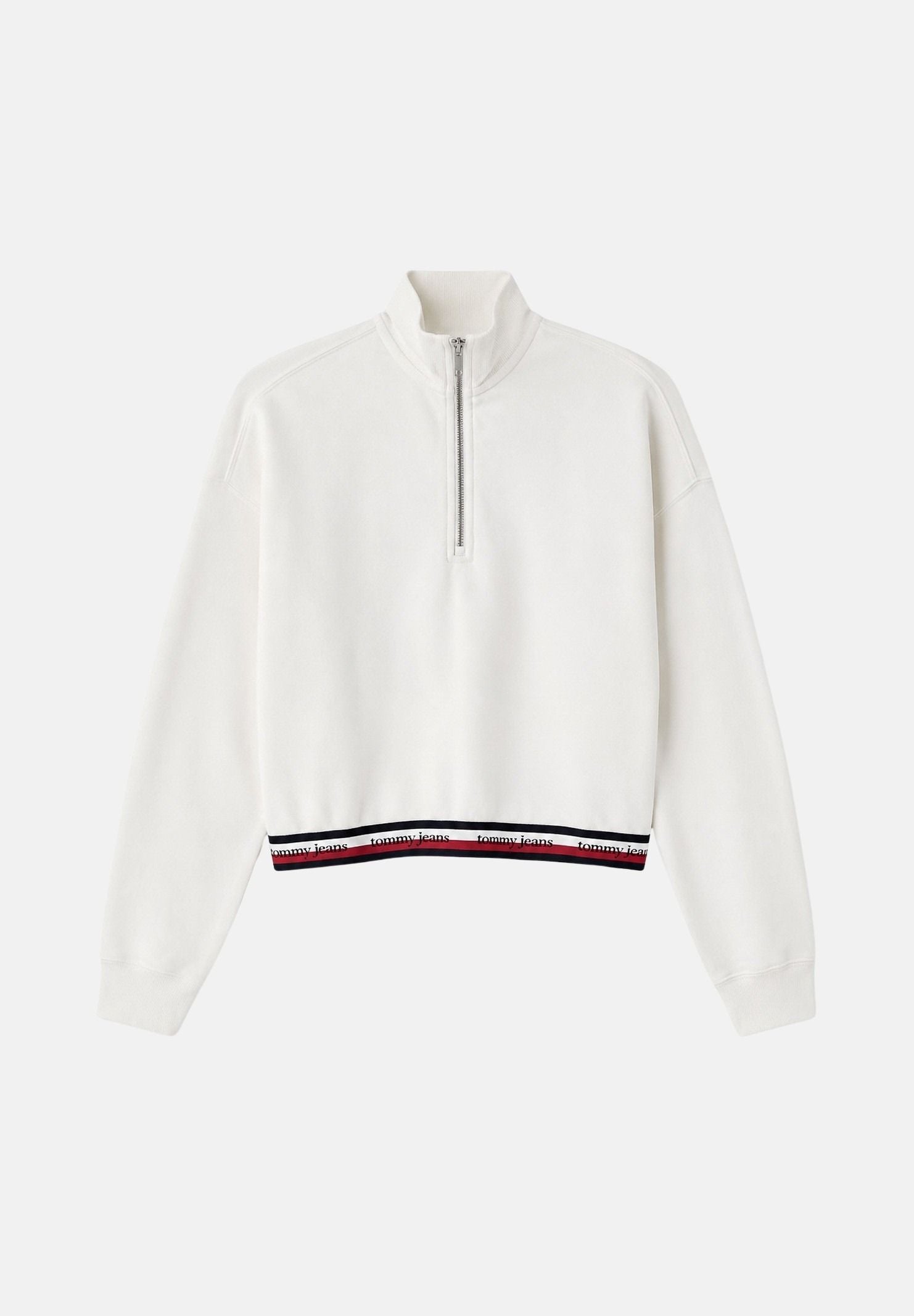 TOMMY JEANS Felpa BOXY QUARTER con zip, ecru-bianco da donna, con fondo righe tricolore<BR/> DW0DW23144 YBL TOMMY JEANS