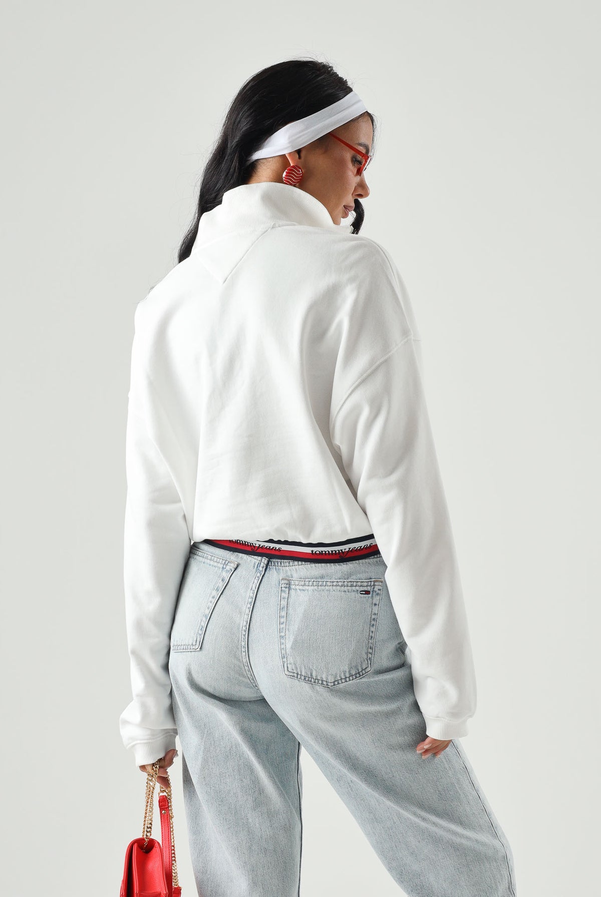 TOMMY JEANS Felpa con zip BOXY QUARTER, ecru-bianco da donna, con fondo righe tricolore<BR/> DW0DW23144 YBL TOMMY JEANS