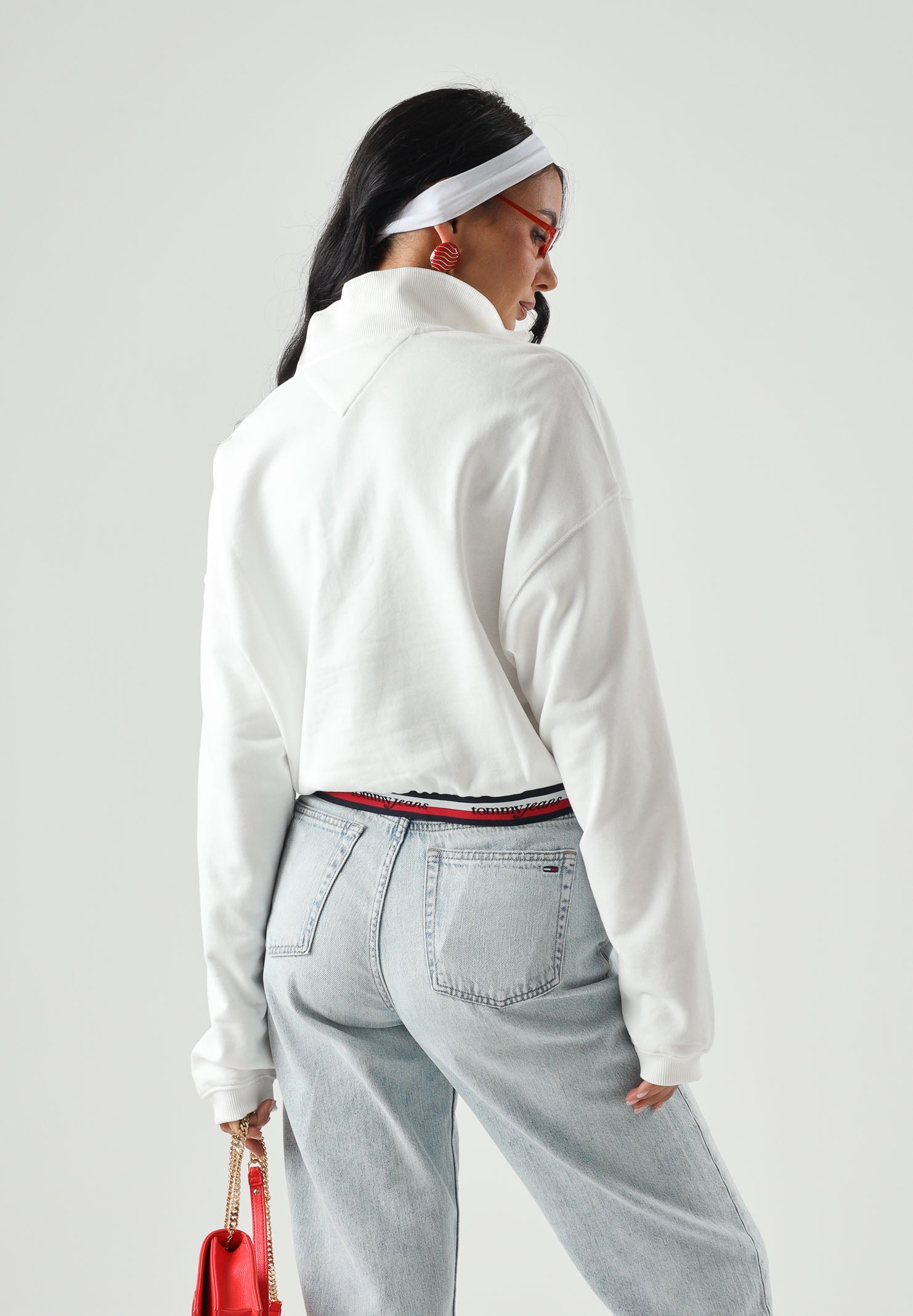 TOMMY JEANS Felpa con zip BOXY QUARTER, ecru-bianco da donna, con fondo righe tricolore<BR/> DW0DW23144 YBL TOMMY JEANS