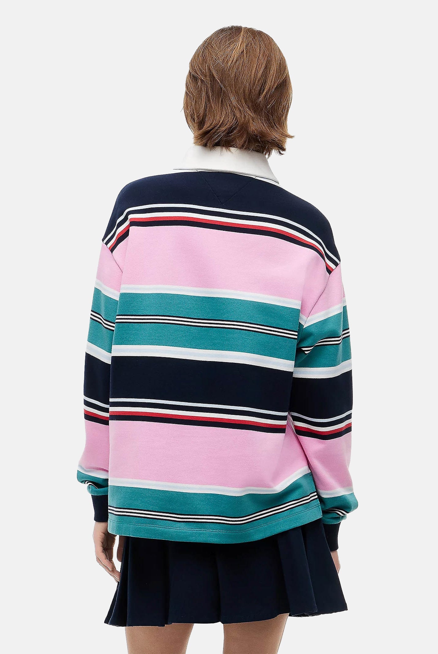 TOMMY JEANS felpa rugby ampia a righe miste Pink Daisy multicolor, rosa bianco blu donna. DW0DW23483 0D2 TOMMY JEANS