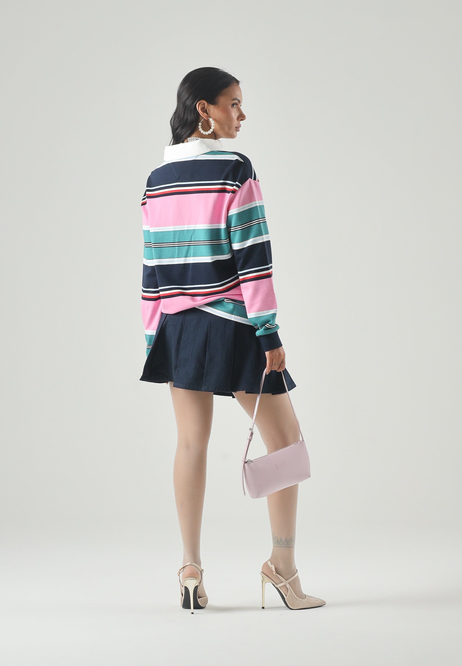 TOMMY JEANS felpa rugby ampia a righe miste Pink Daisy multicolor, rosa bianco blu donna. DW0DW23483 0D2 TOMMY JEANS