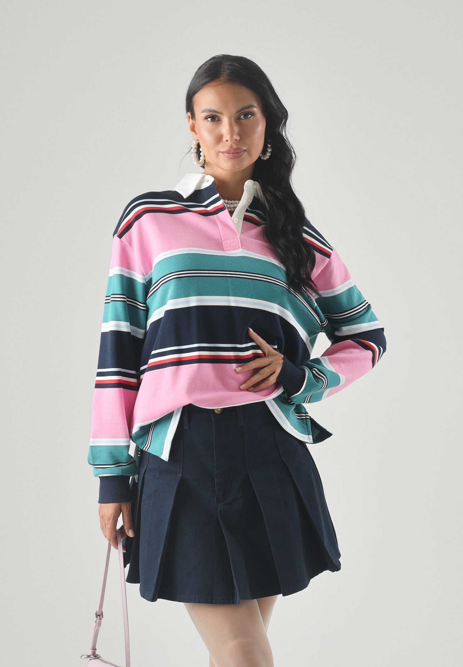 TOMMY JEANS felpa rugby ampia a righe miste Pink Daisy multicolor, rosa bianco blu donna. DW0DW23483 0D2 TOMMY JEANS