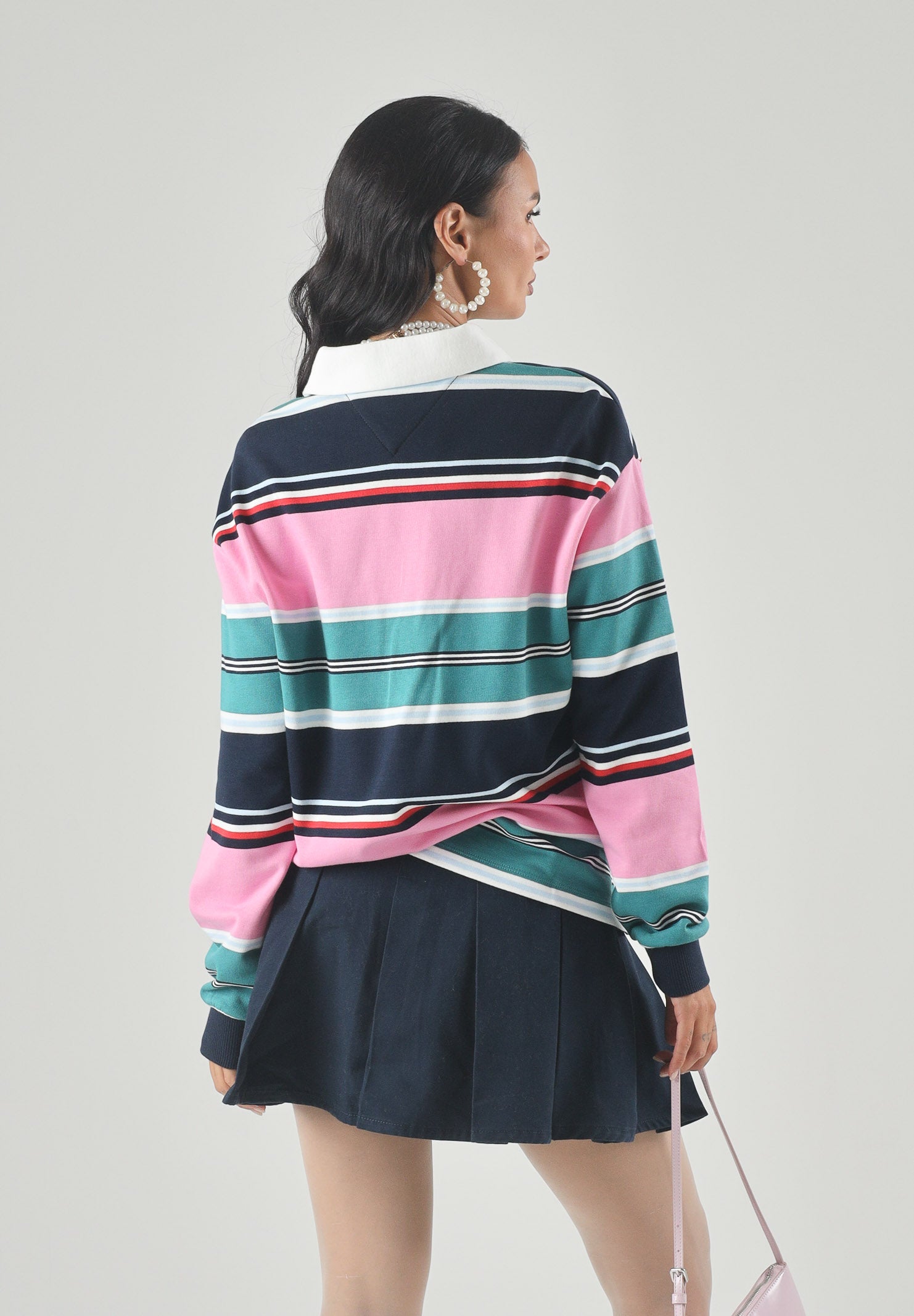 TOMMY JEANS felpa rugby ampia a righe miste Pink Daisy multicolor, rosa bianco blu donna. DW0DW23483 0D2 TOMMY JEANS