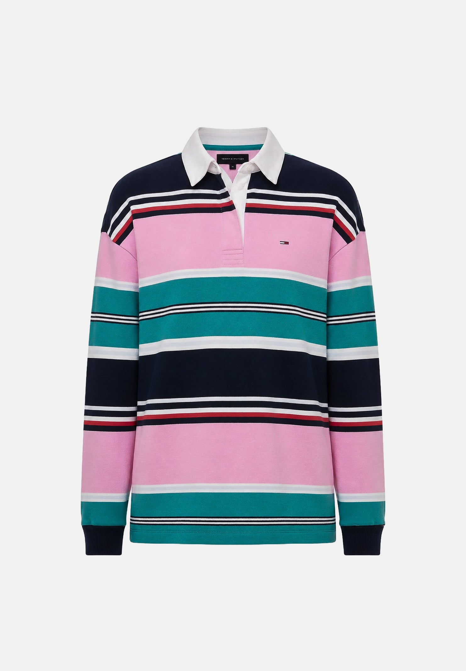 TOMMY JEANS felpa rugby ampia a righe miste Pink Daisy multicolor, rosa bianco blu donna. DW0DW23483 0D2 TOMMY JEANS